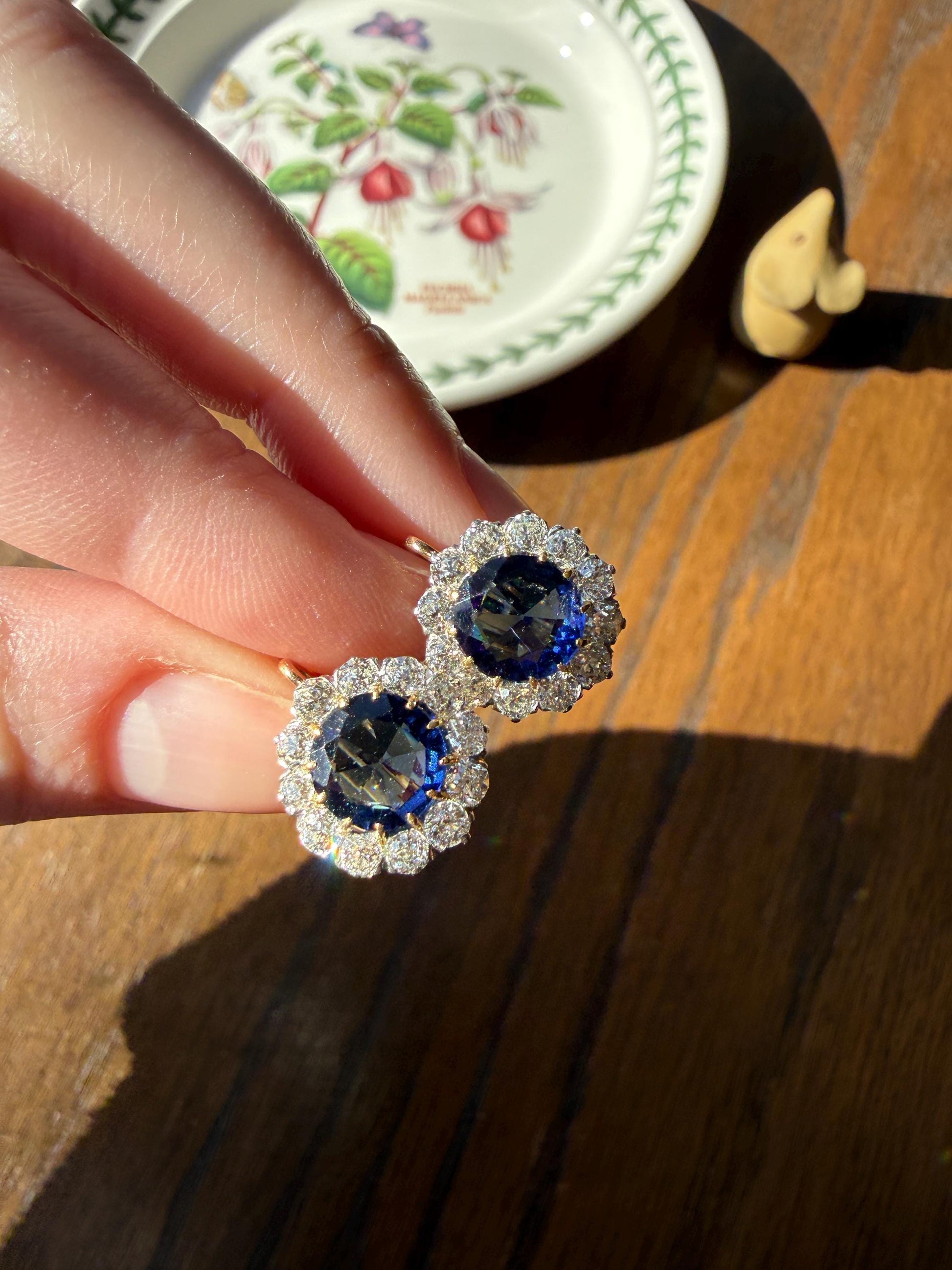 Antique 1.7 Carat Old Mine Cut DIAMOND Blue Paste Faux Sapphire 18k Gold Halo Dormeuse Earrings Victorian Dangle Gift Something Old Blue