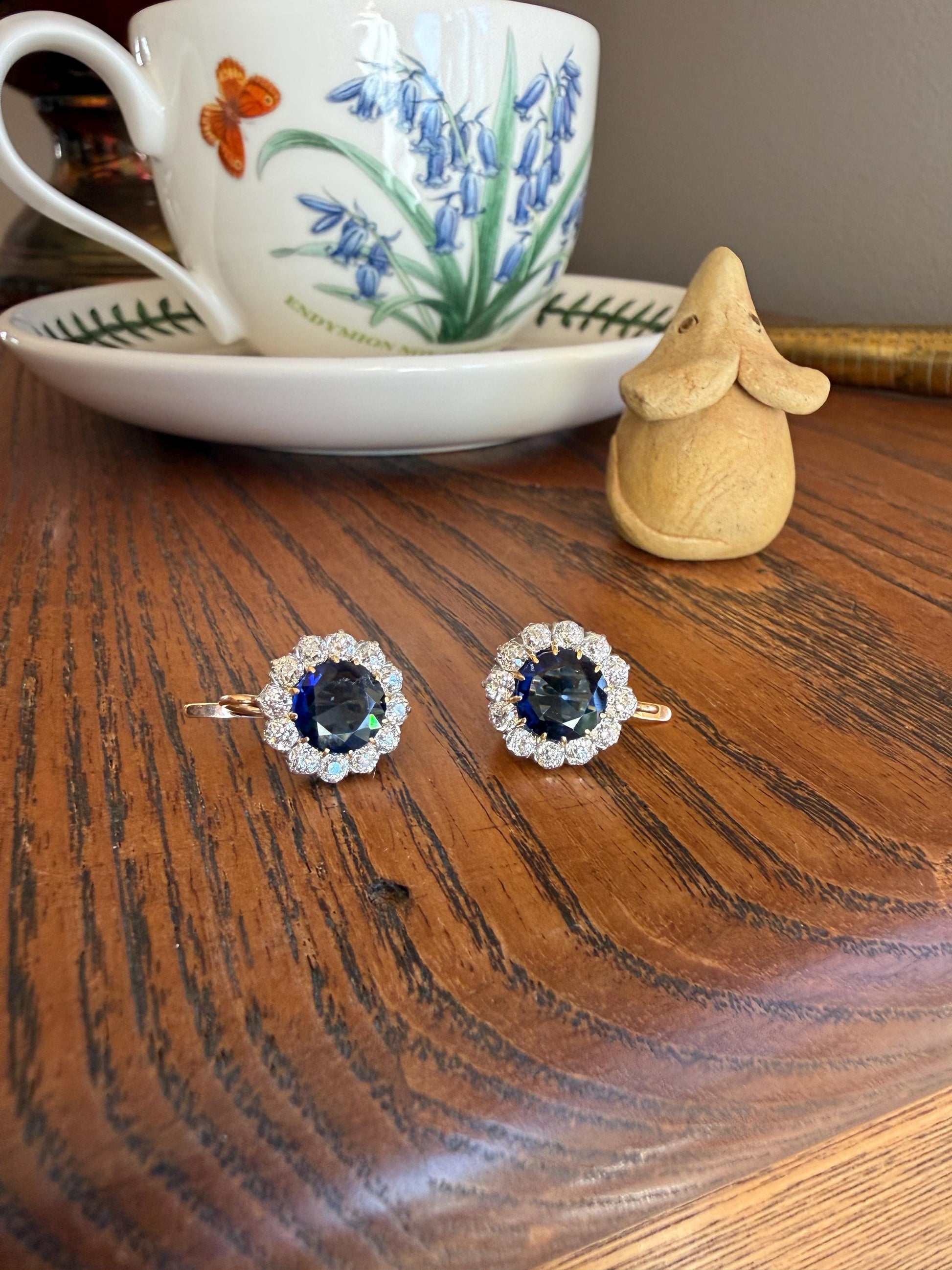 Antique 1.7 Carat Old Mine Cut DIAMOND Blue Paste Faux Sapphire 18k Gold Halo Dormeuse Earrings Victorian Dangle Gift Something Old Blue