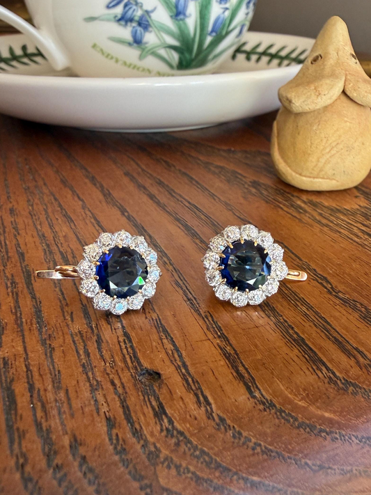 Antique 1.7 Carat Old Mine Cut DIAMOND Blue Paste Faux Sapphire 18k Gold Halo Dormeuse Earrings Victorian Dangle Gift Something Old Blue
