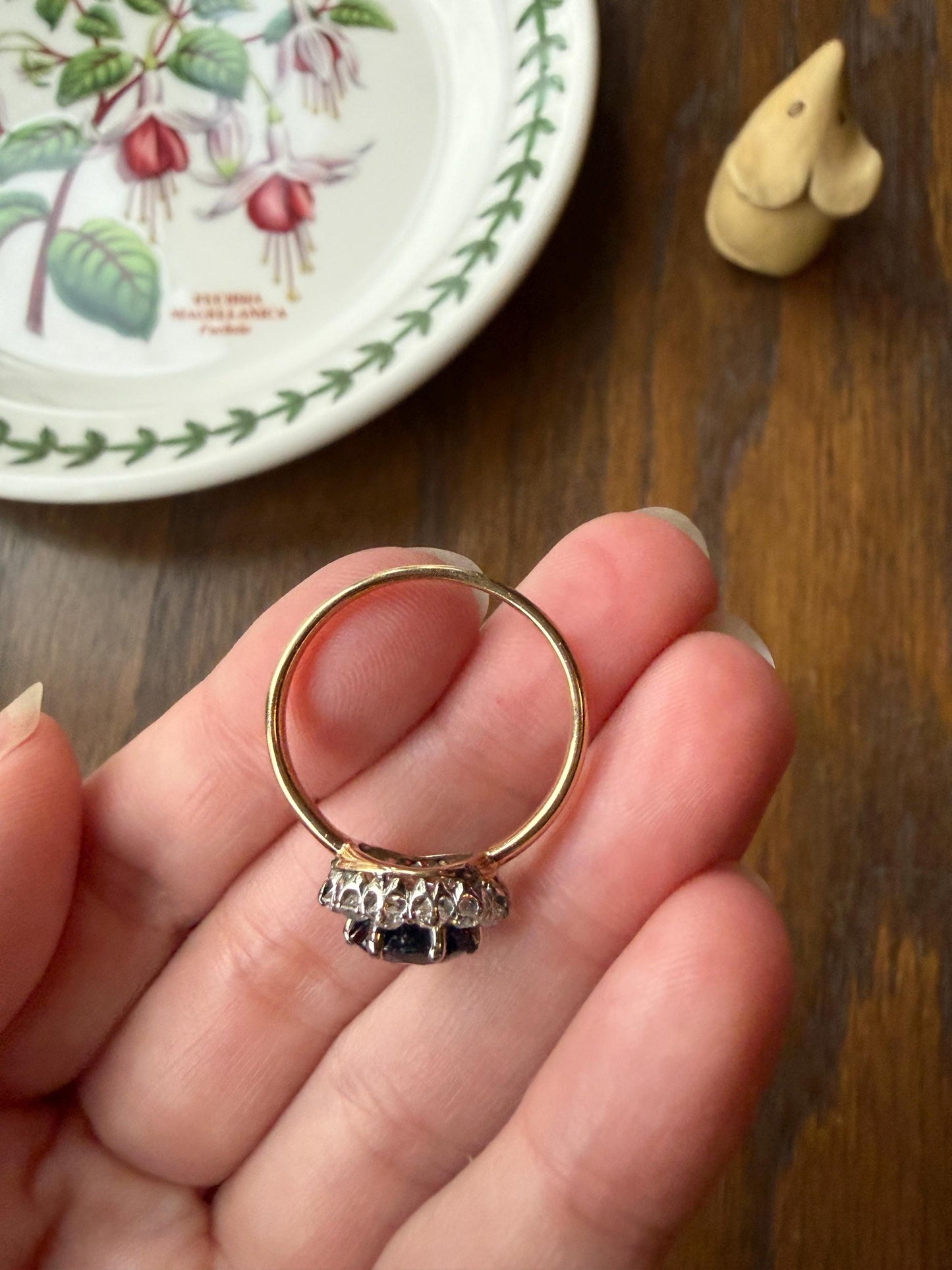 Antique Natural Sapphire with .8 Carat Old Mine Cut Diamond Halo Ring Cluster with Donut Shank Stacker Band 18k Gold Hexagon Silk