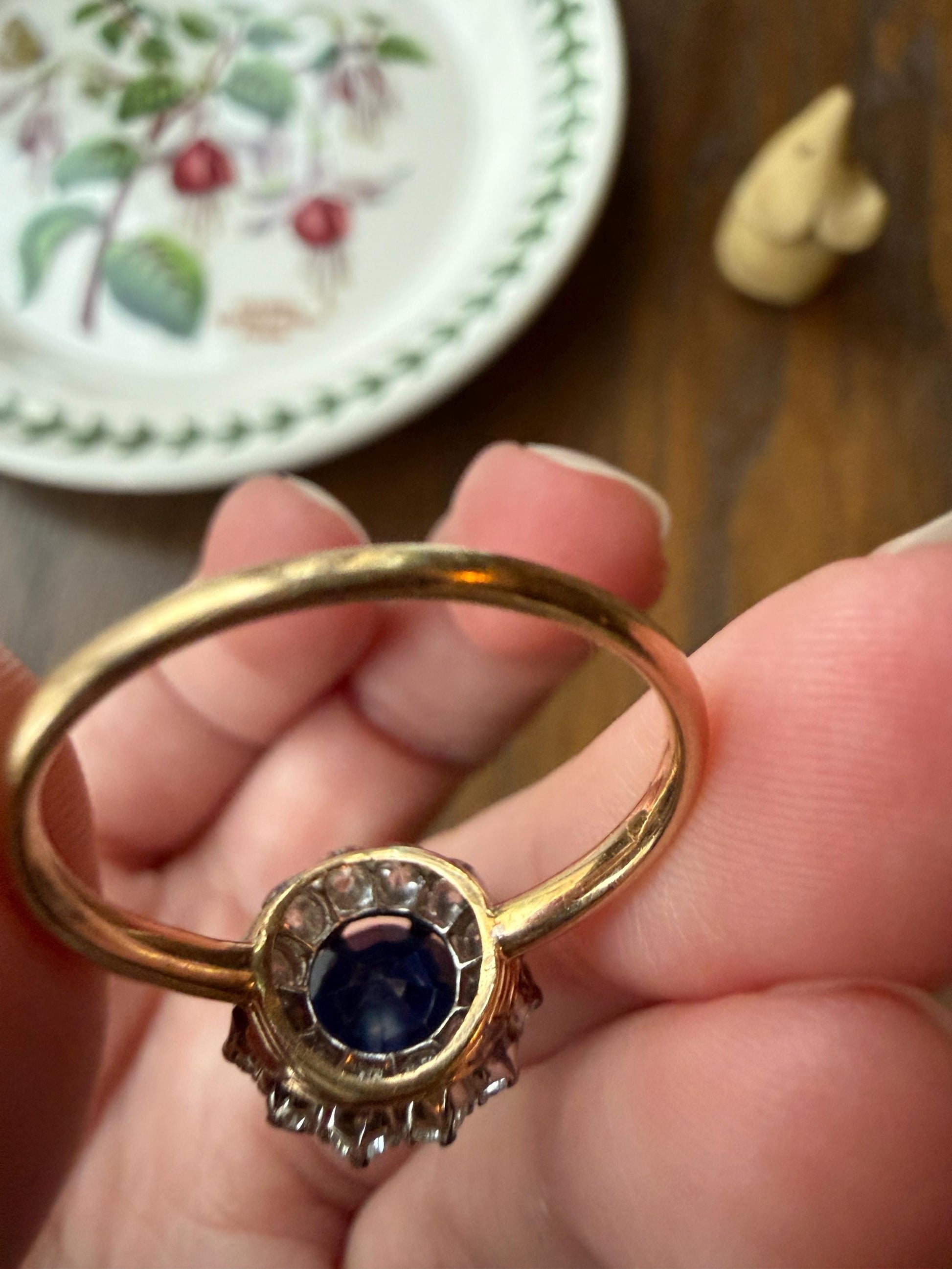 Antique Natural Sapphire with .8 Carat Old Mine Cut Diamond Halo Ring Cluster with Donut Shank Stacker Band 18k Gold Hexagon Silk