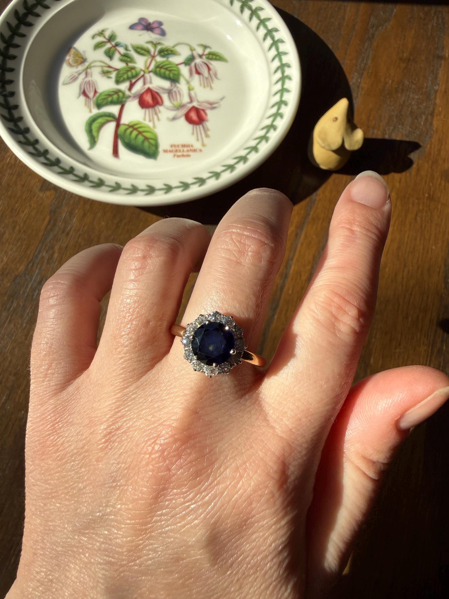 Antique Natural Sapphire with .8 Carat Old Mine Cut Diamond Halo Ring Cluster with Donut Shank Stacker Band 18k Gold Hexagon Silk