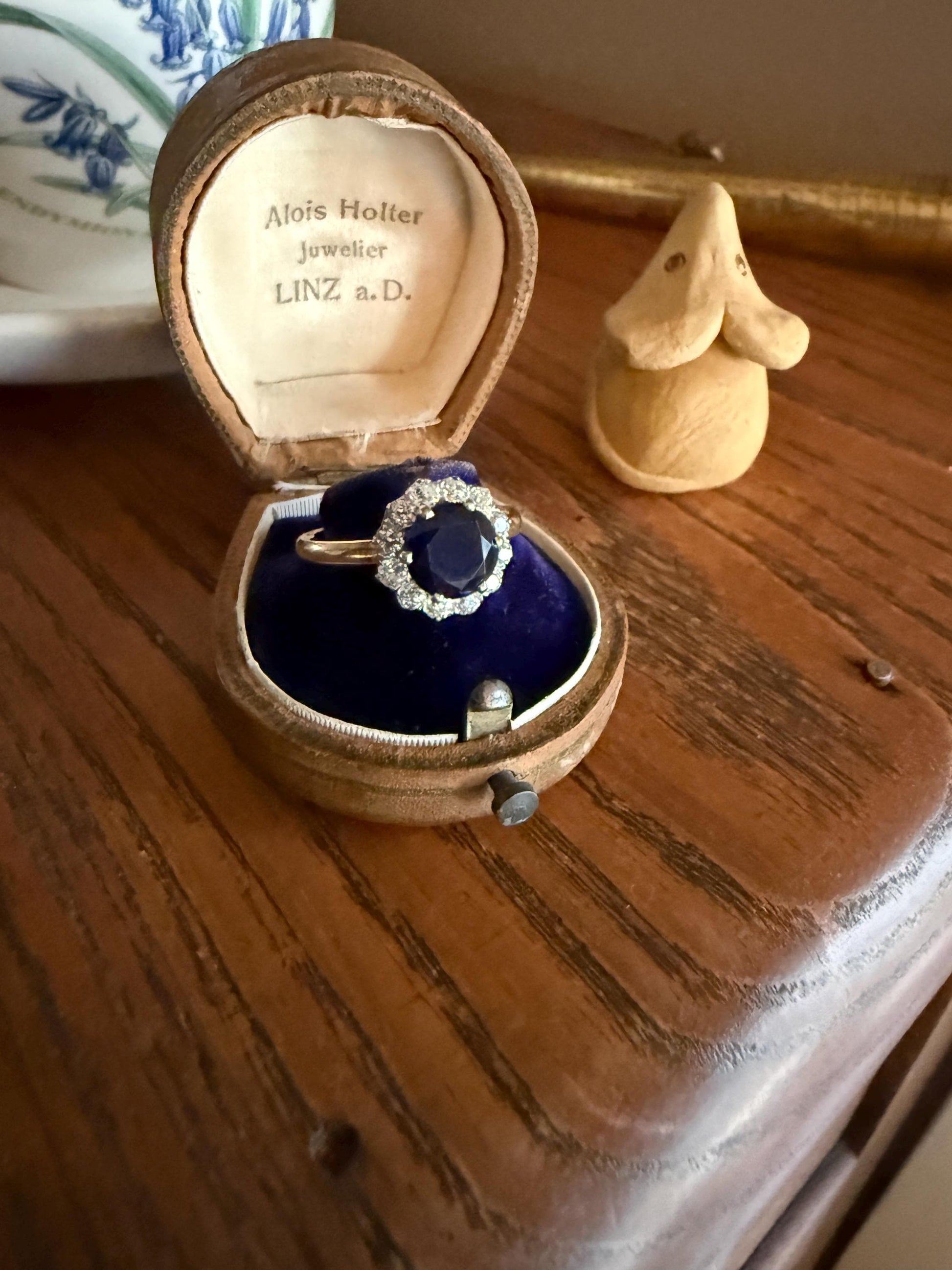 Antique Natural Sapphire with .8 Carat Old Mine Cut Diamond Halo Ring Cluster with Donut Shank Stacker Band 18k Gold Hexagon Silk