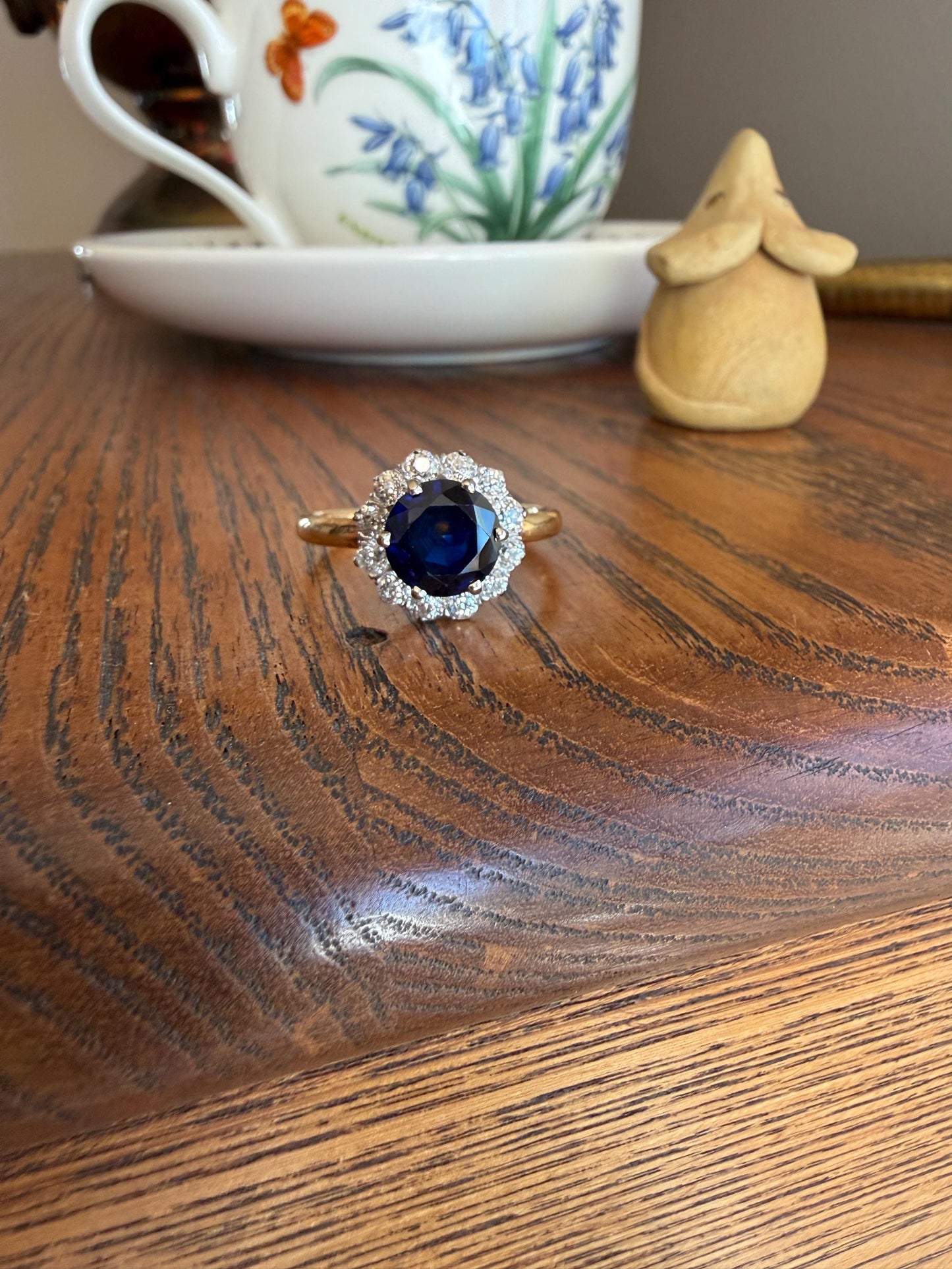 Antique Natural Sapphire with .8 Carat Old Mine Cut Diamond Halo Ring Cluster with Donut Shank Stacker Band 18k Gold Hexagon Silk