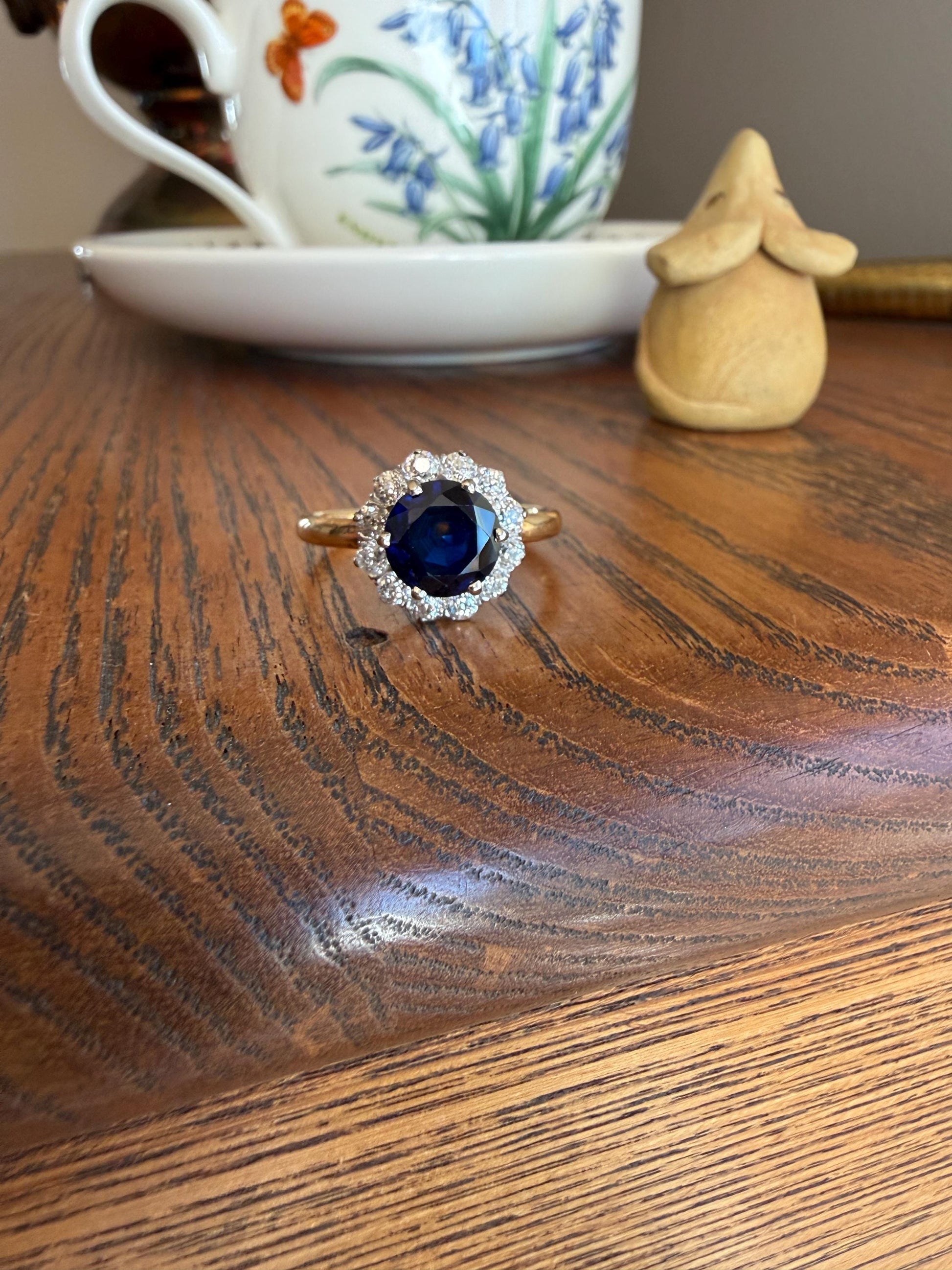 Antique Natural Sapphire with .8 Carat Old Mine Cut Diamond Halo Ring Cluster with Donut Shank Stacker Band 18k Gold Hexagon Silk