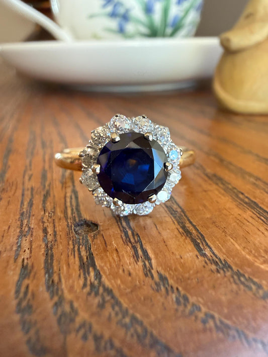 Antique Natural Sapphire with .8 Carat Old Mine Cut Diamond Halo Ring Cluster with Donut Shank Stacker Band 18k Gold Hexagon Silk