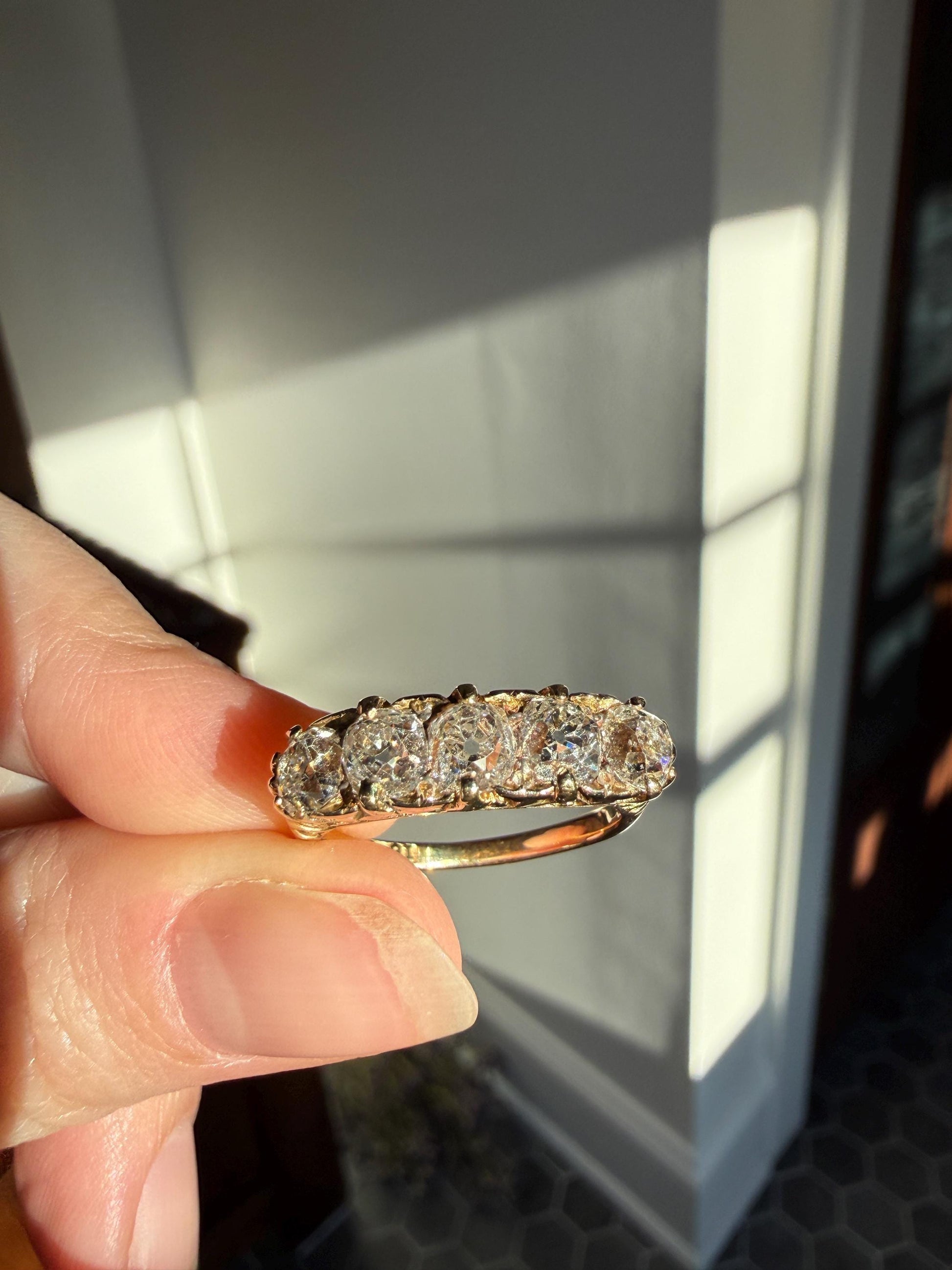 Victorian 2.25 Carats Antique Old Mine Cut Diamond Five Stone Ring 18k Gold Chunky Scrolled Ornate Band