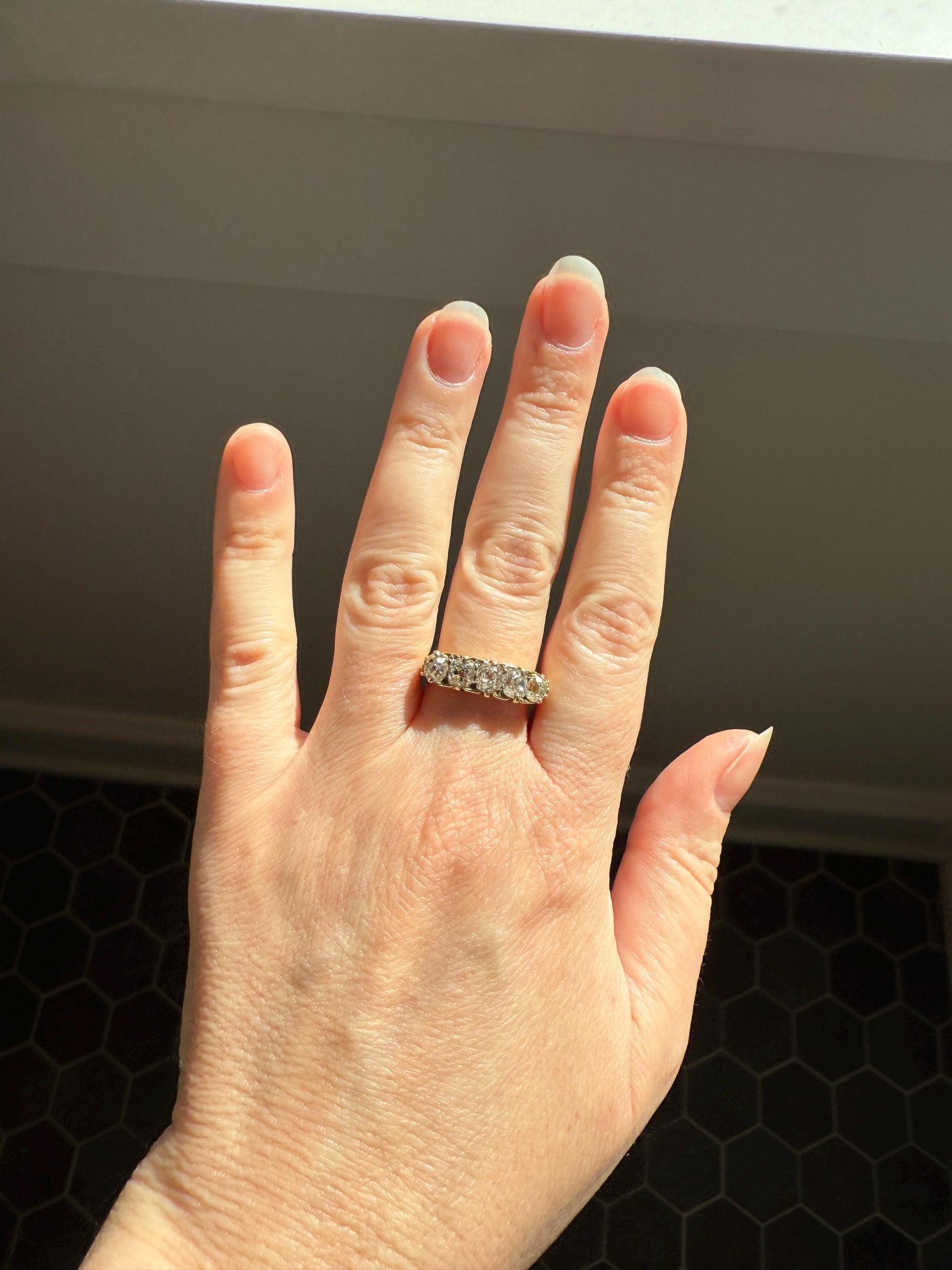 Victorian 2.25 Carats Antique Old Mine Cut Diamond Five Stone Ring 18k Gold Chunky Scrolled Ornate Band