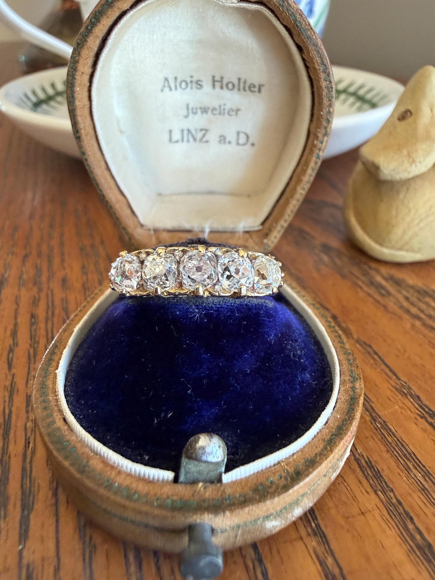 Victorian 2.25 Carats Antique Old Mine Cut Diamond Five Stone Ring 18k Gold Chunky Scrolled Ornate Band