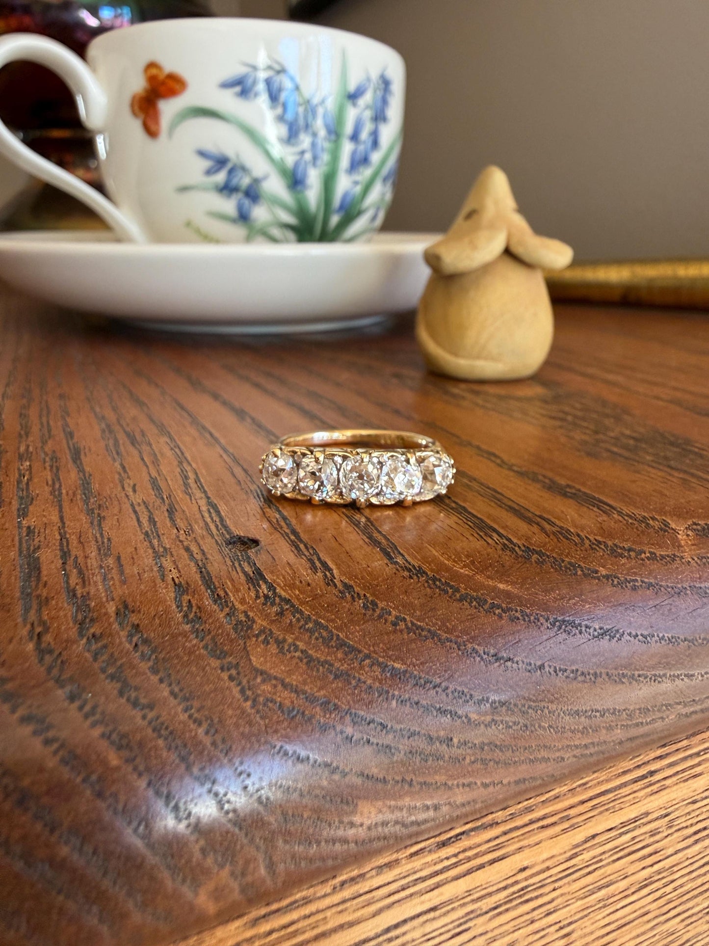 Victorian 2.25 Carats Antique Old Mine Cut Diamond Five Stone Ring 18k Gold Chunky Scrolled Ornate Band