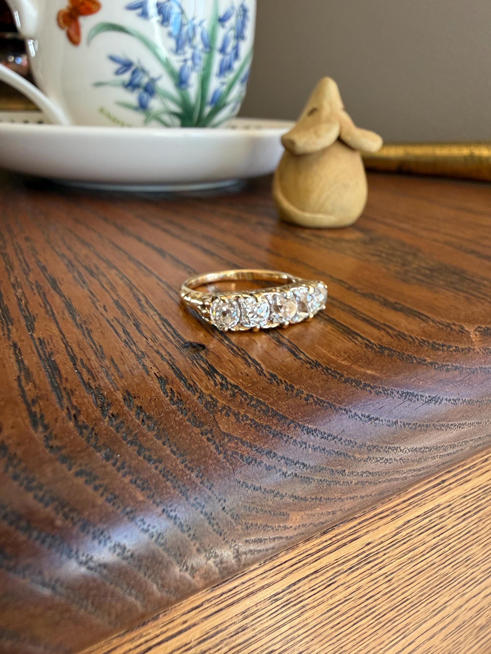 Victorian 2.25 Carats Antique Old Mine Cut Diamond Five Stone Ring 18k Gold Chunky Scrolled Ornate Band