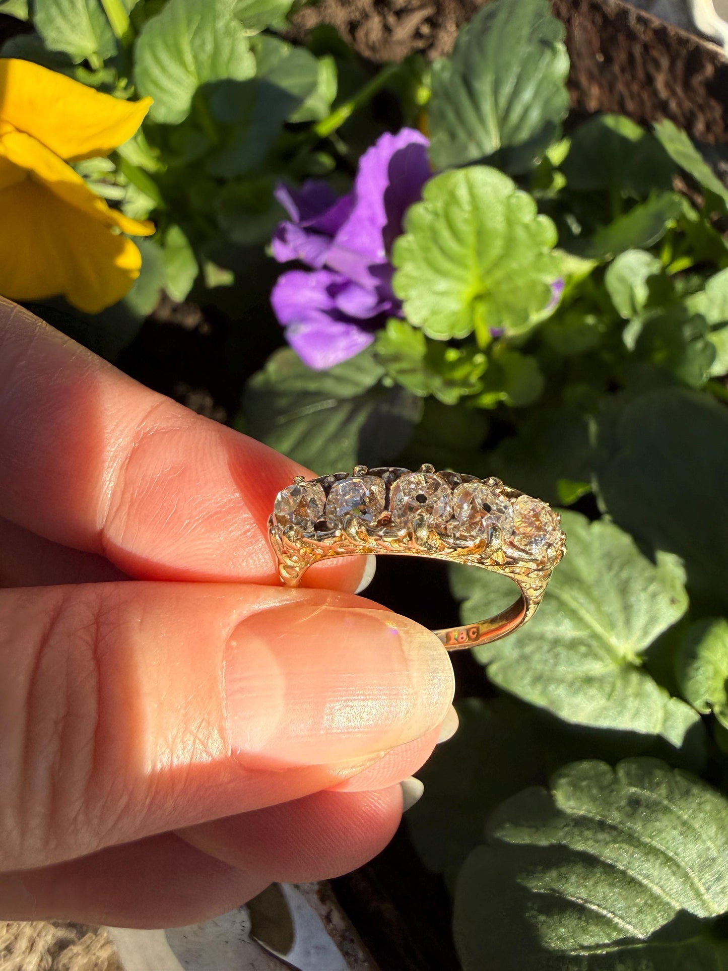 Victorian 2.25 Carats Antique Old Mine Cut Diamond Five Stone Ring 18k Gold Chunky Scrolled Ornate Band