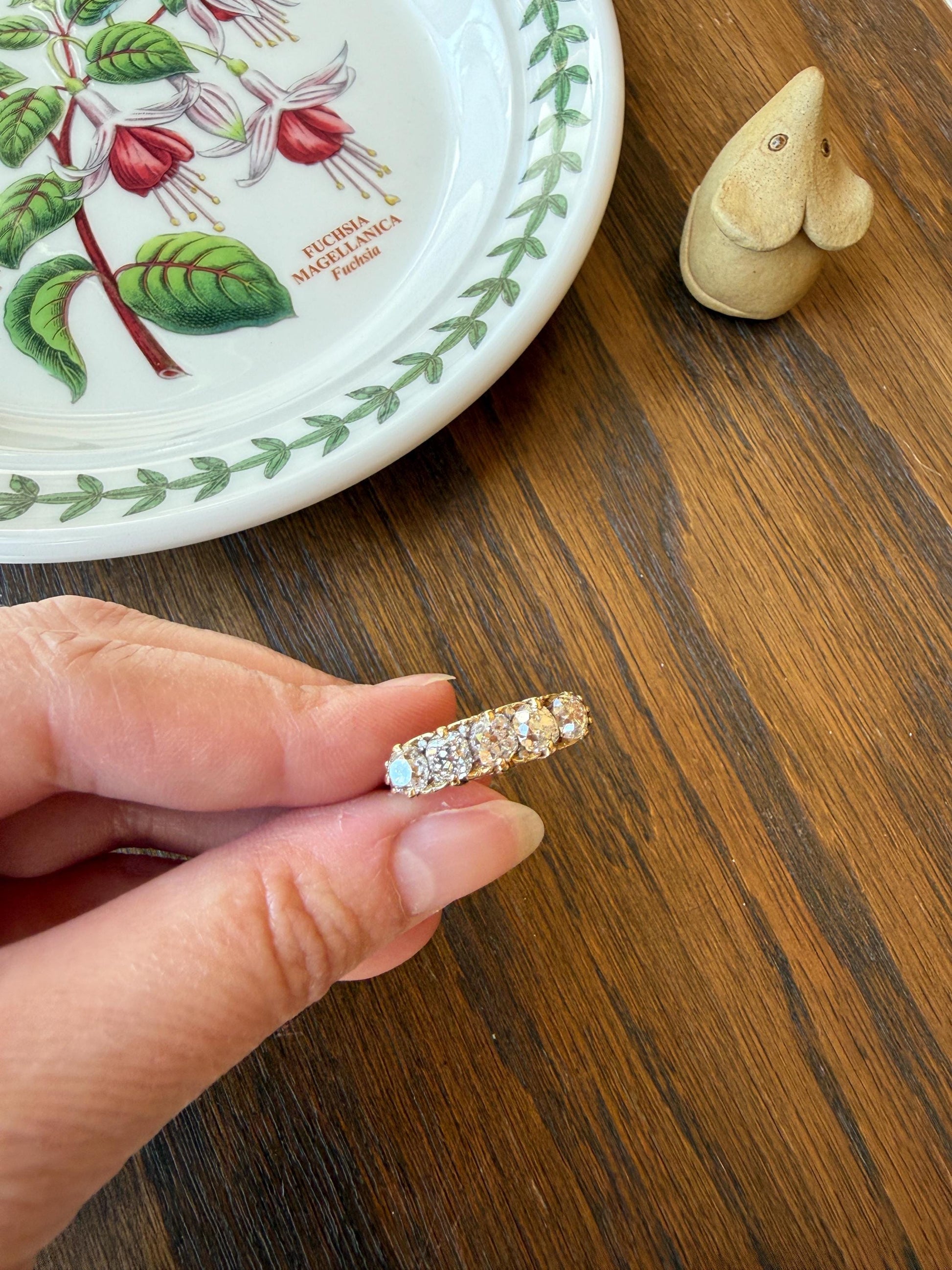 Victorian 2.25 Carats Antique Old Mine Cut Diamond Five Stone Ring 18k Gold Chunky Scrolled Ornate Band