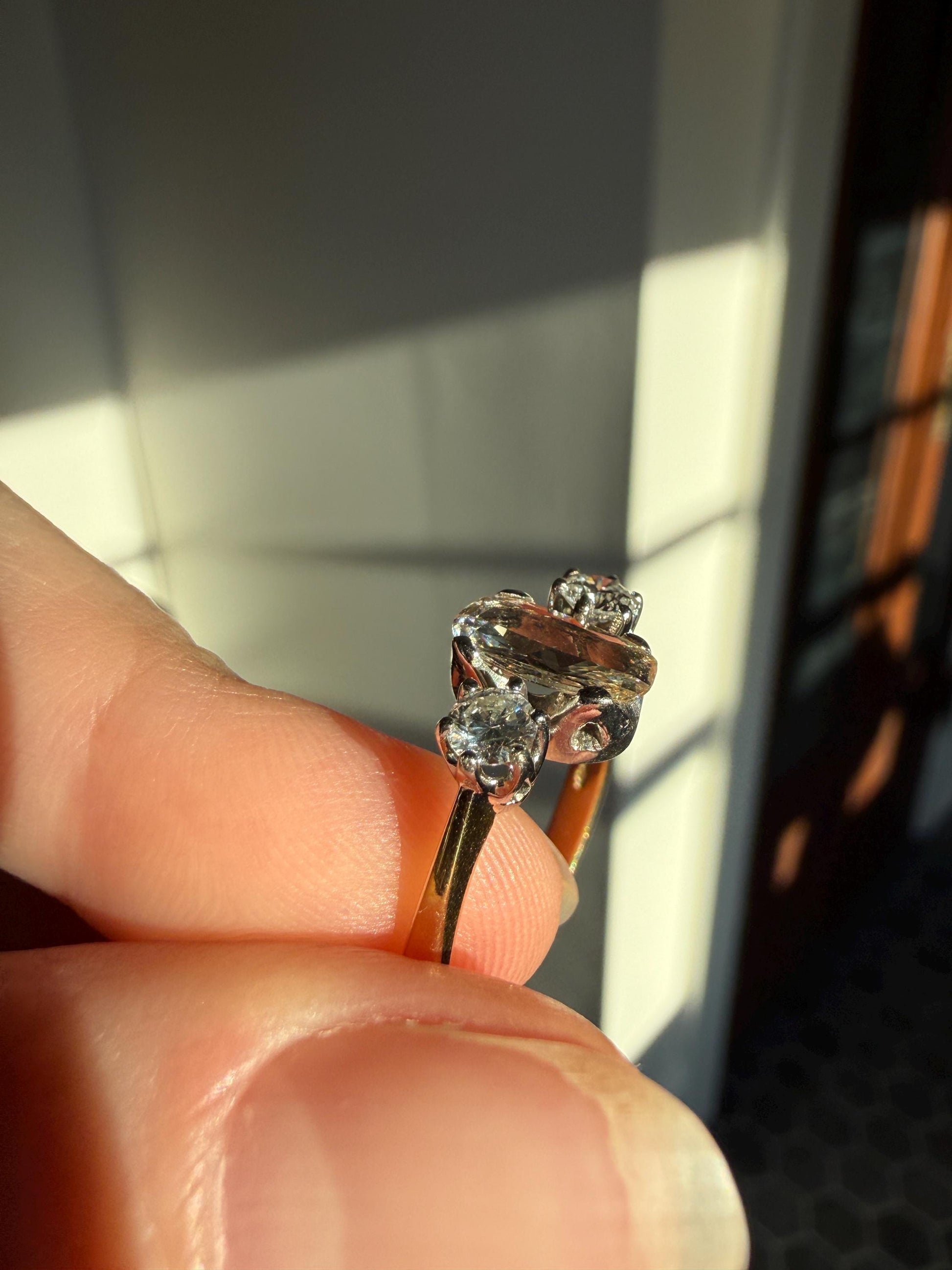 Unique Vintage Elongated Natural VS Portrait Rose Cut Three Stone DIAMOND Ring 18k Gold Solid Cushion Oval Stacker Band