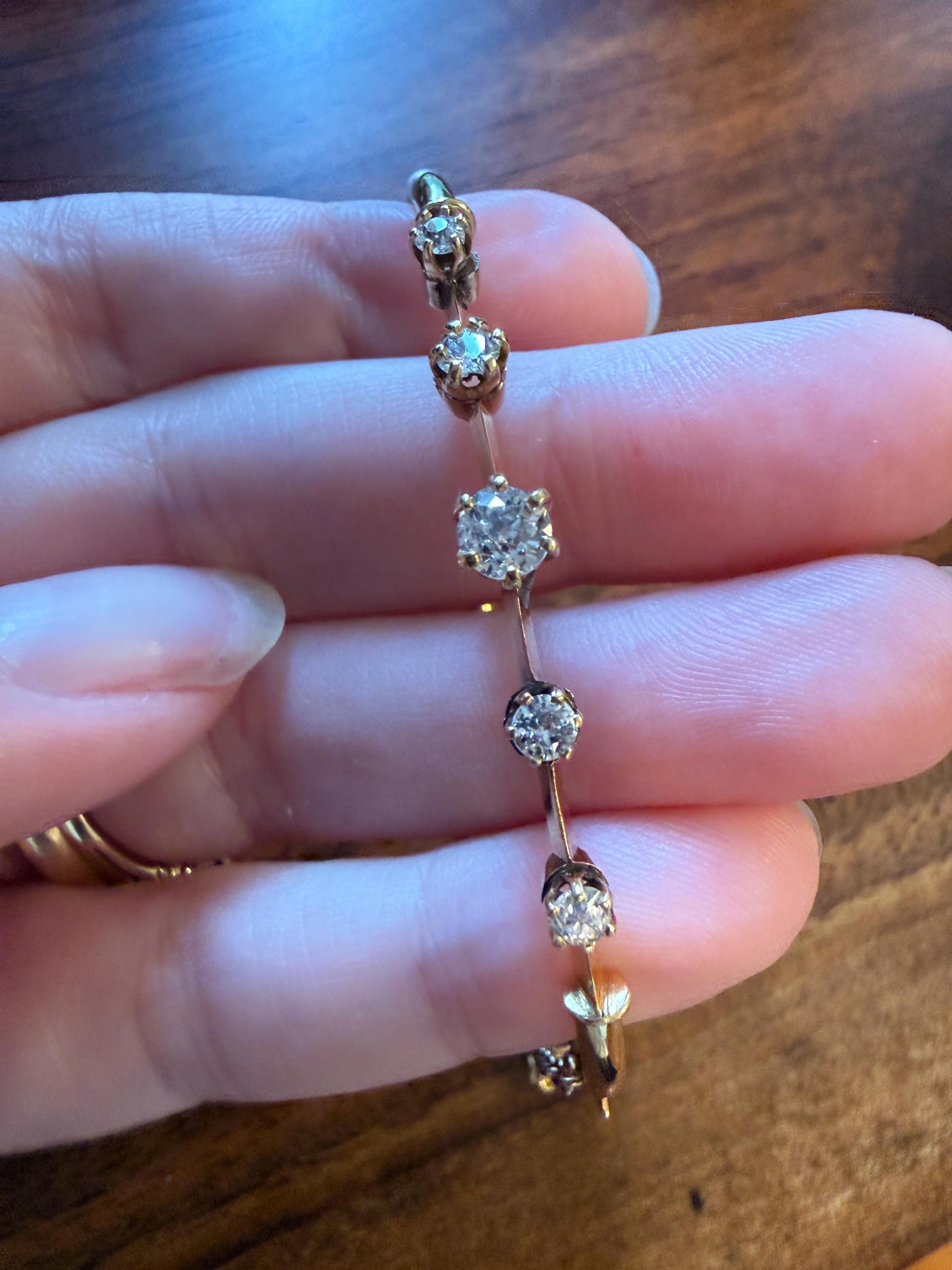 ANTIQUE Old European Mine Cut DIAMOND BANGLE Bracelet 15k Gold Solid Hinged Five Stone Prong Set Linear