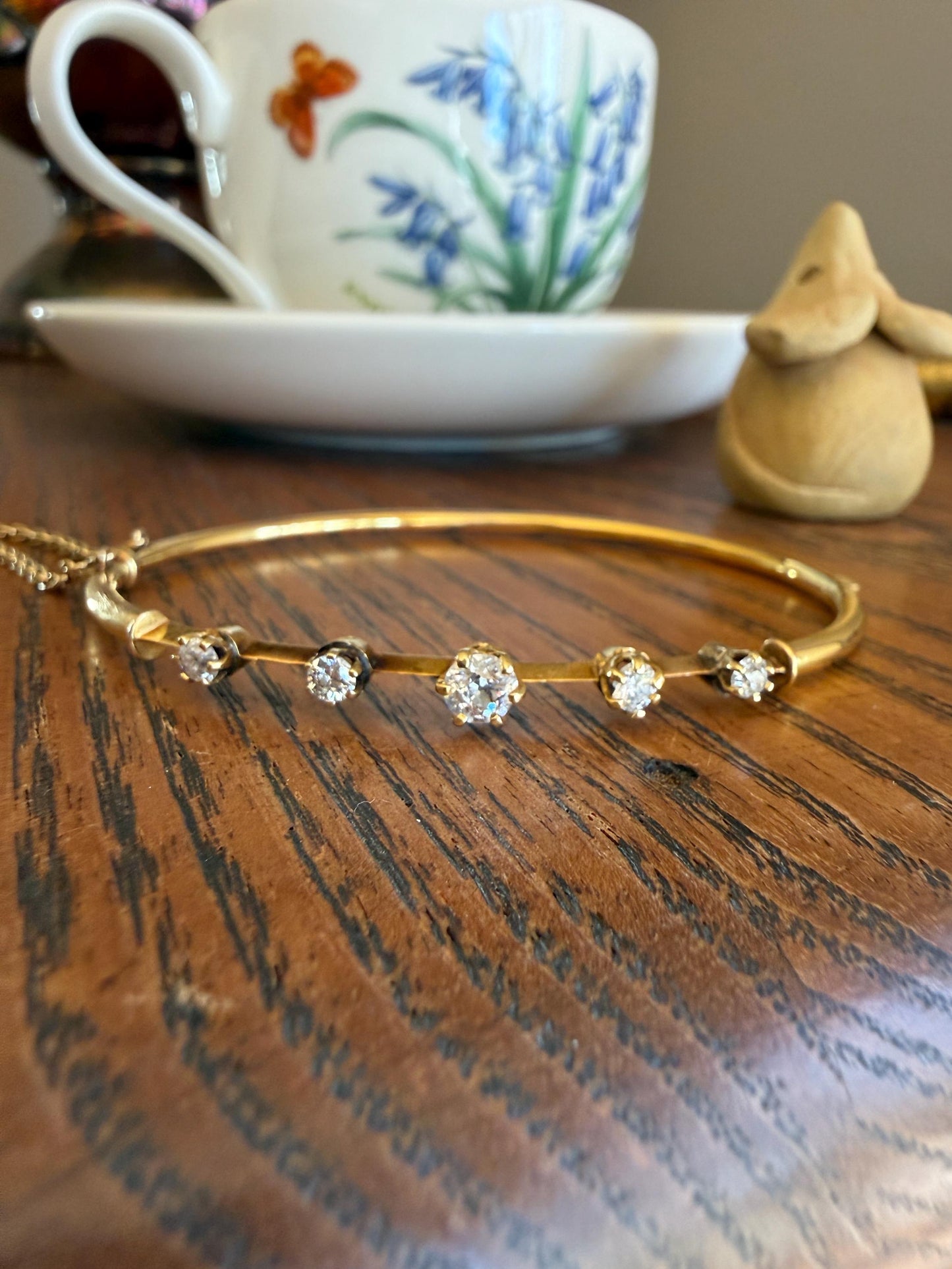 ANTIQUE Old European Mine Cut DIAMOND BANGLE Bracelet 15k Gold Solid Hinged Five Stone Prong Set Linear