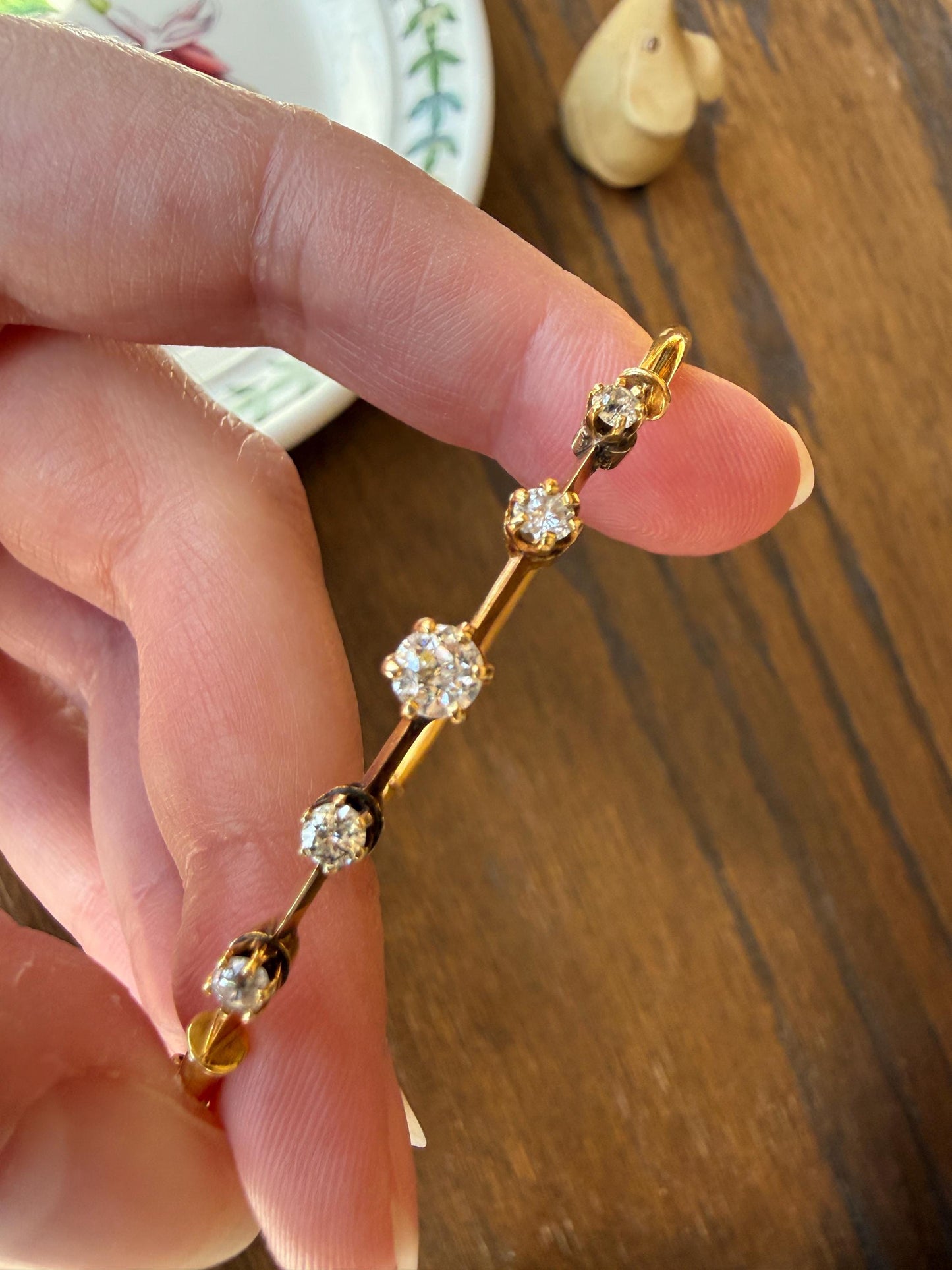 ANTIQUE Old European Mine Cut DIAMOND BANGLE Bracelet 15k Gold Solid Hinged Five Stone Prong Set Linear