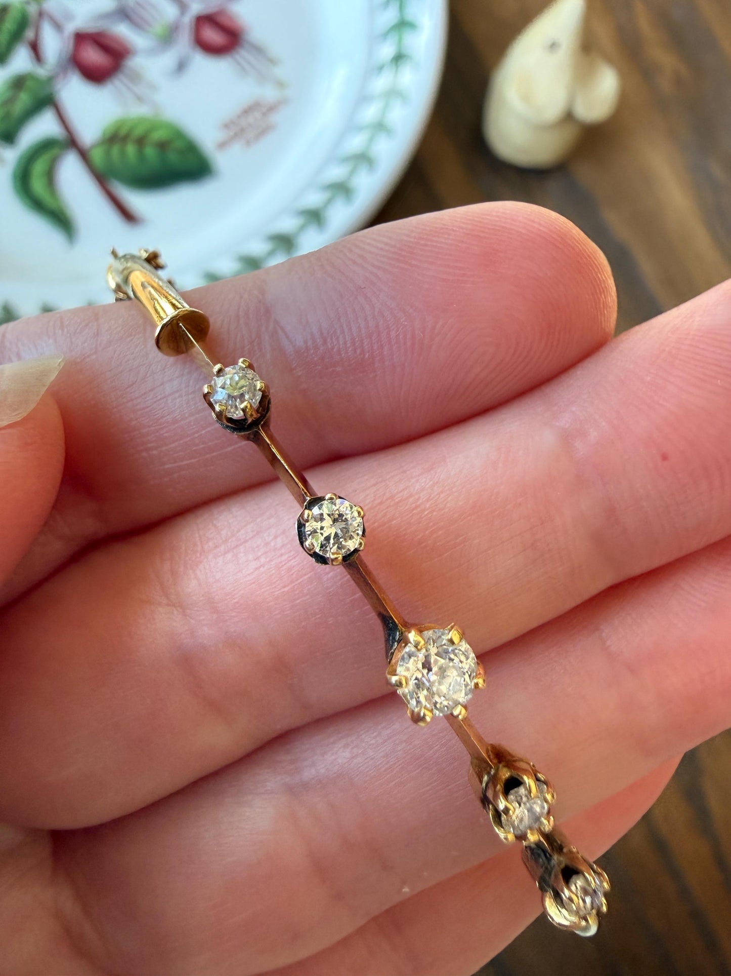 ANTIQUE Old European Mine Cut DIAMOND BANGLE Bracelet 15k Gold Solid Hinged Five Stone Prong Set Linear