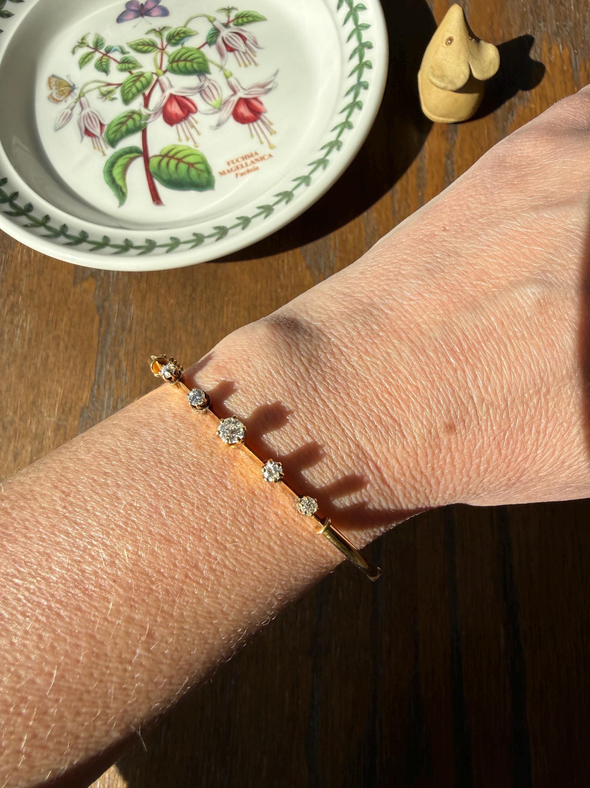 ANTIQUE Old European Mine Cut DIAMOND BANGLE Bracelet 15k Gold Solid Hinged Five Stone Prong Set Linear