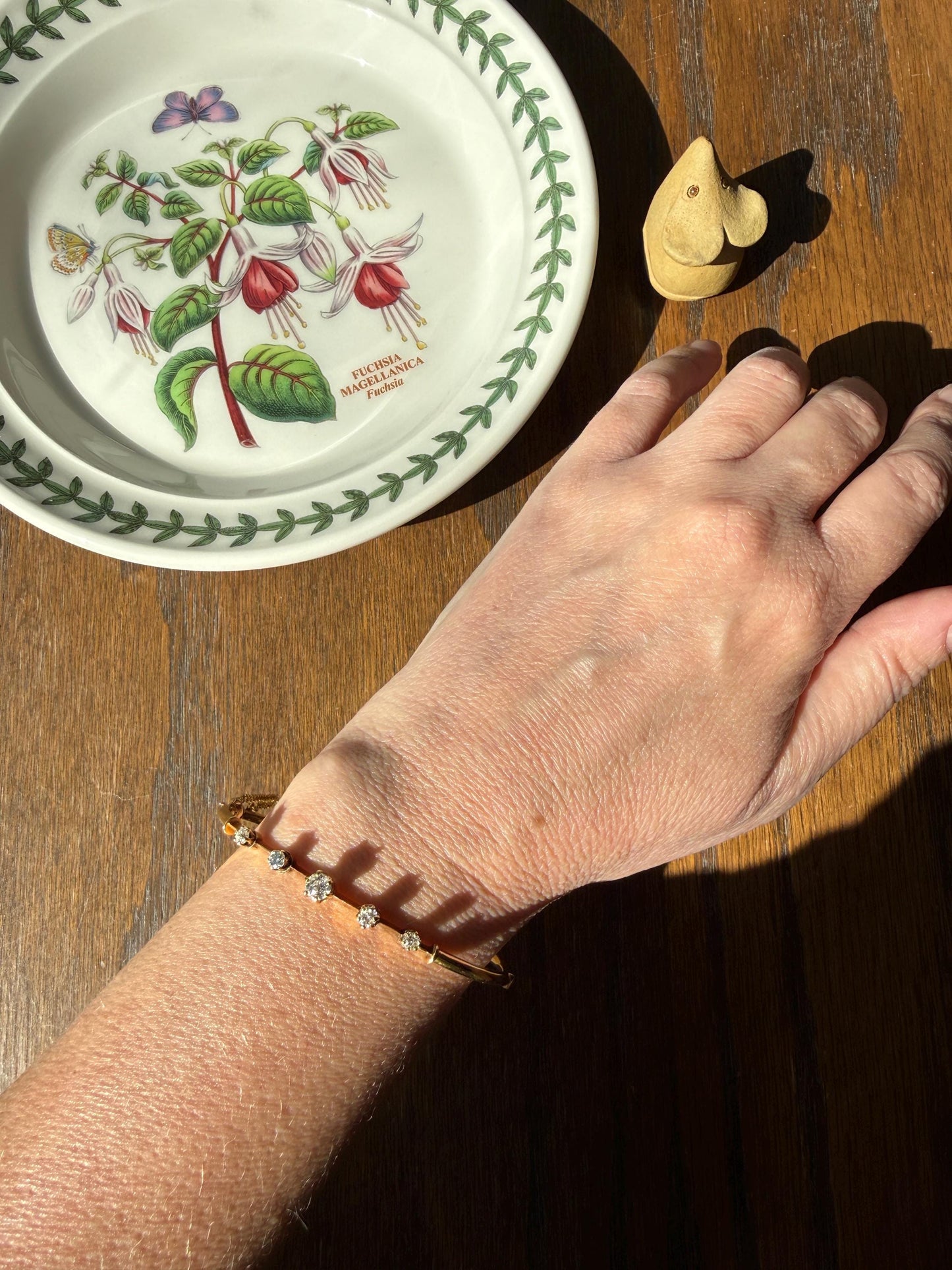 ANTIQUE Old European Mine Cut DIAMOND BANGLE Bracelet 15k Gold Solid Hinged Five Stone Prong Set Linear