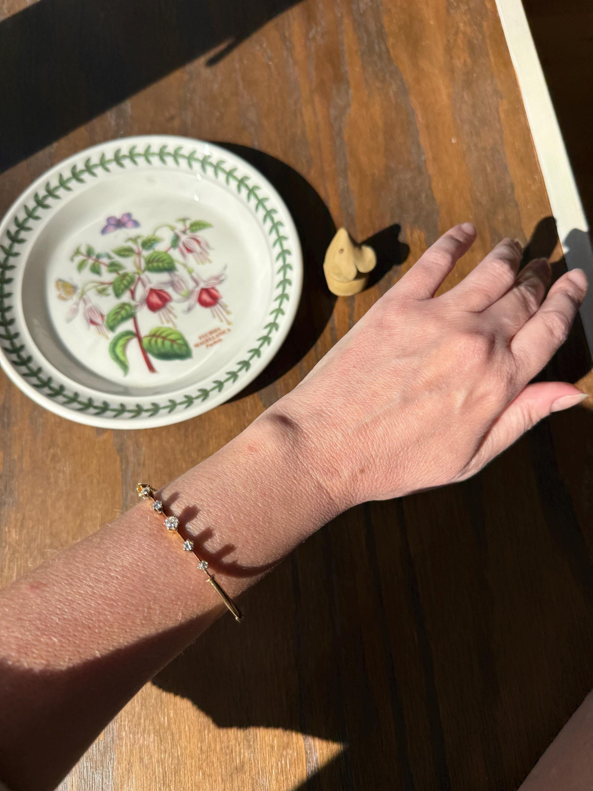 ANTIQUE Old European Mine Cut DIAMOND BANGLE Bracelet 15k Gold Solid Hinged Five Stone Prong Set Linear