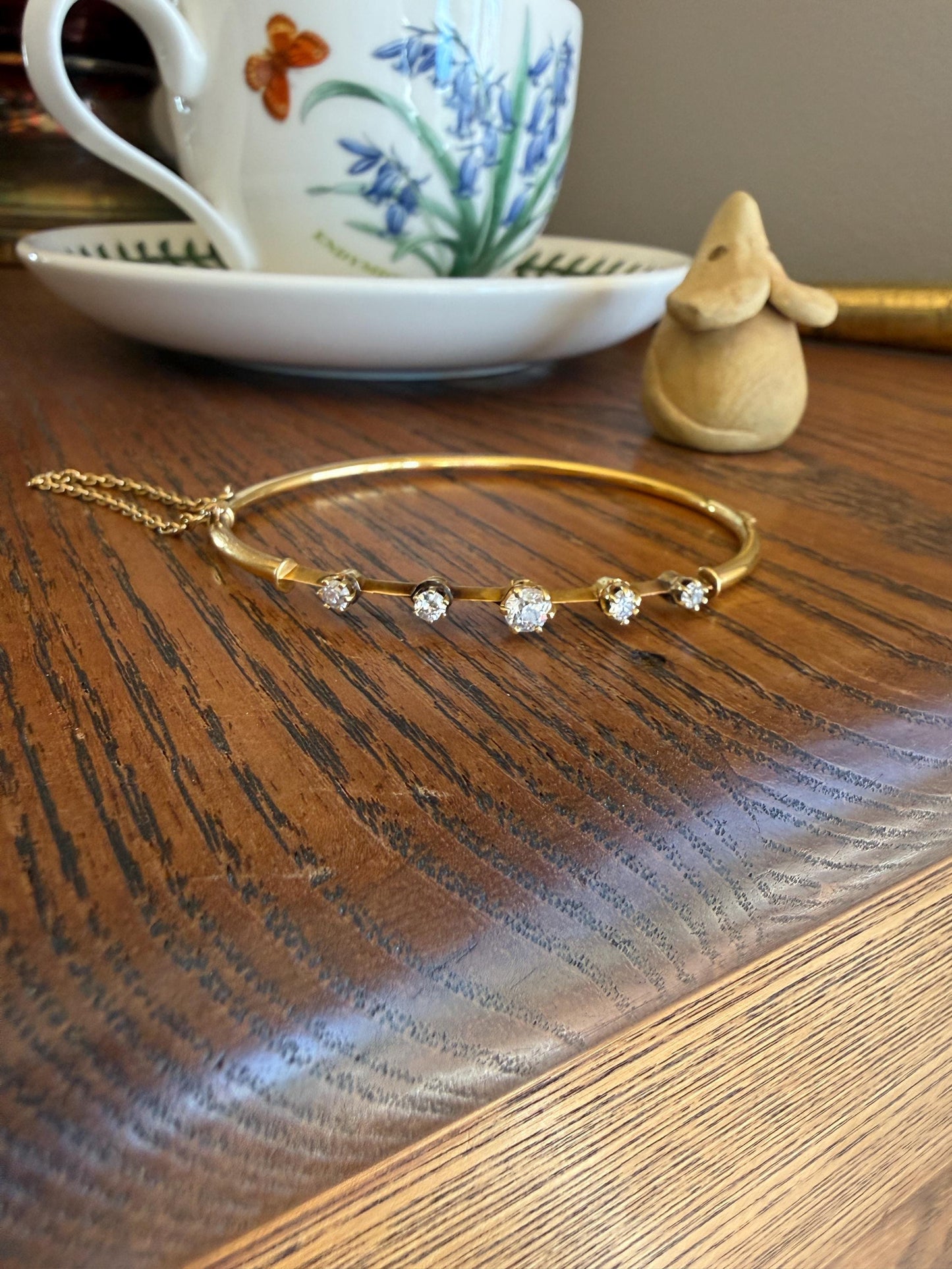 ANTIQUE Old European Mine Cut DIAMOND BANGLE Bracelet 15k Gold Solid Hinged Five Stone Prong Set Linear