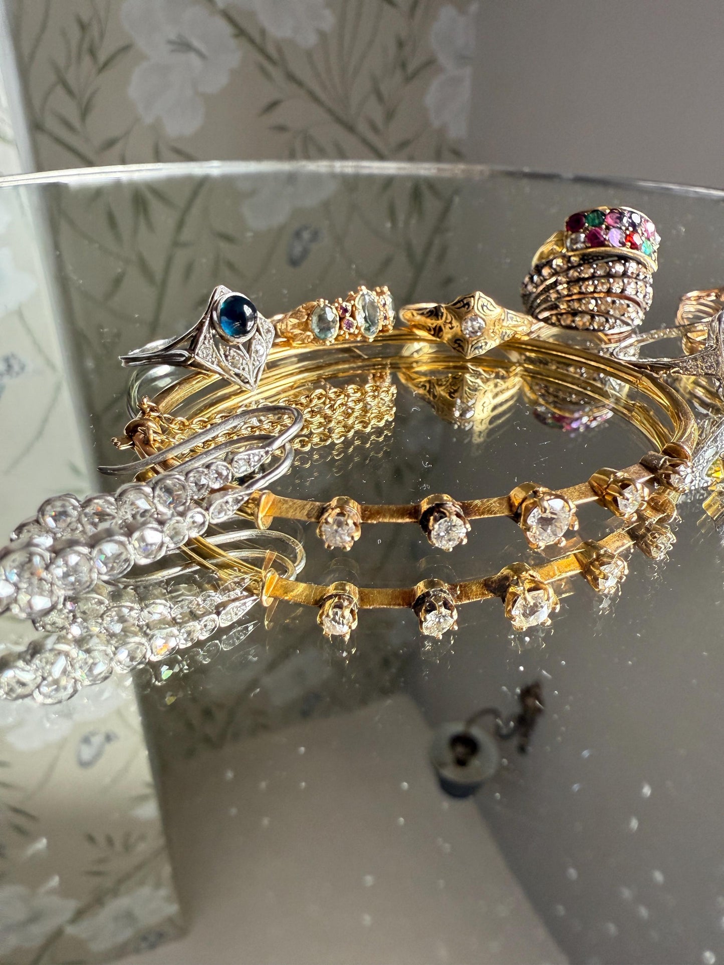 ANTIQUE Old European Mine Cut DIAMOND BANGLE Bracelet 15k Gold Solid Hinged Five Stone Prong Set Linear