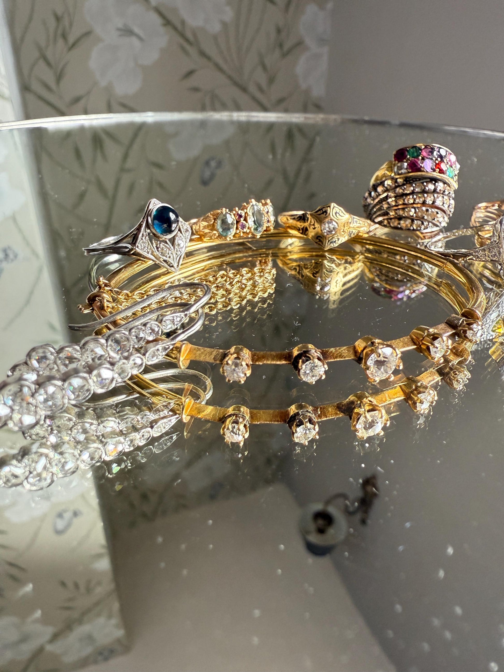 ANTIQUE Old European Mine Cut DIAMOND BANGLE Bracelet 15k Gold Solid Hinged Five Stone Prong Set Linear