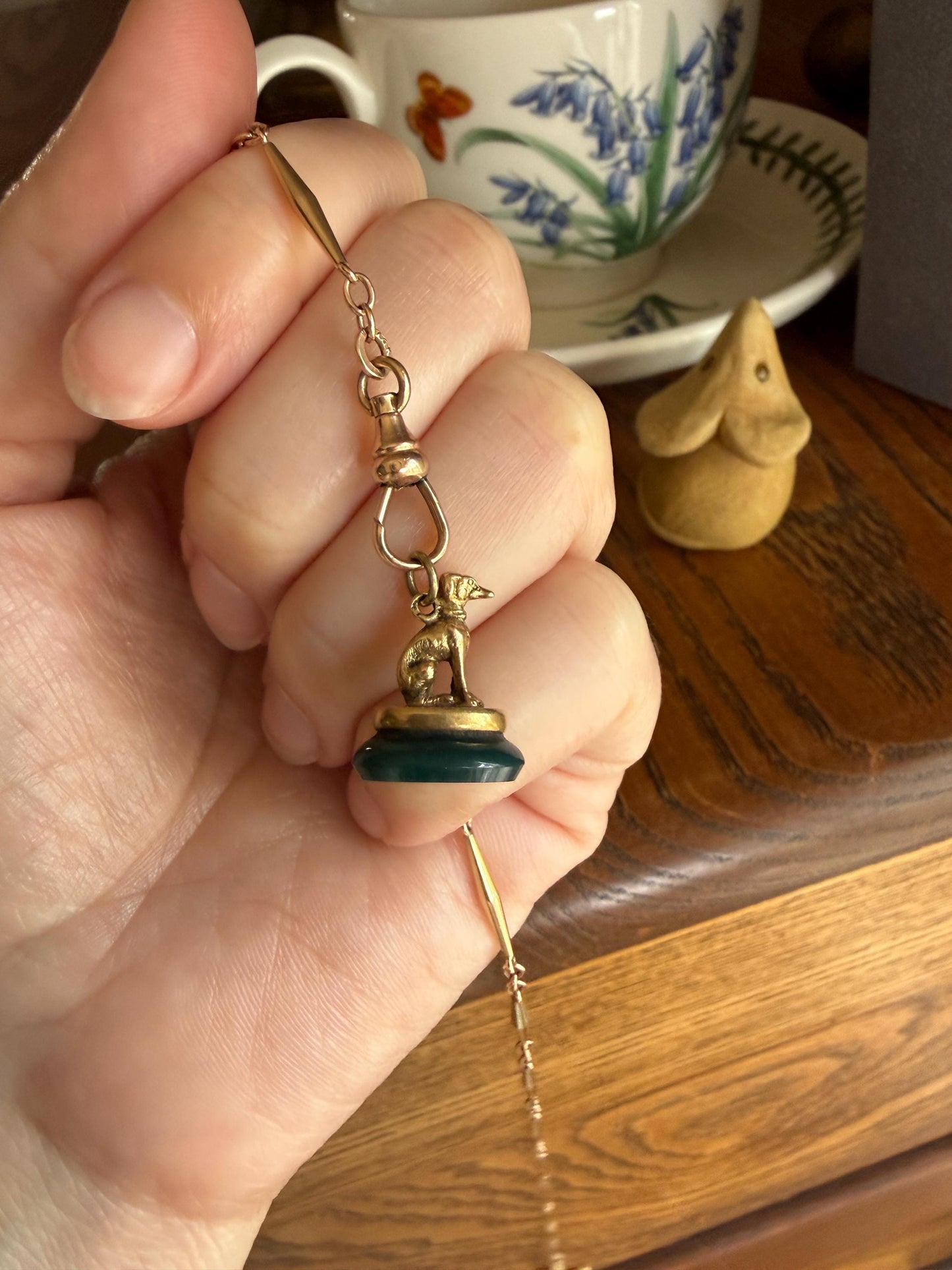 FRENCH ViCTORIAN Dog Watch Fob Pendant 18k Gold Green Bloodstone Intaglio Wax Seal Figural Antique Greyhound Loyalty