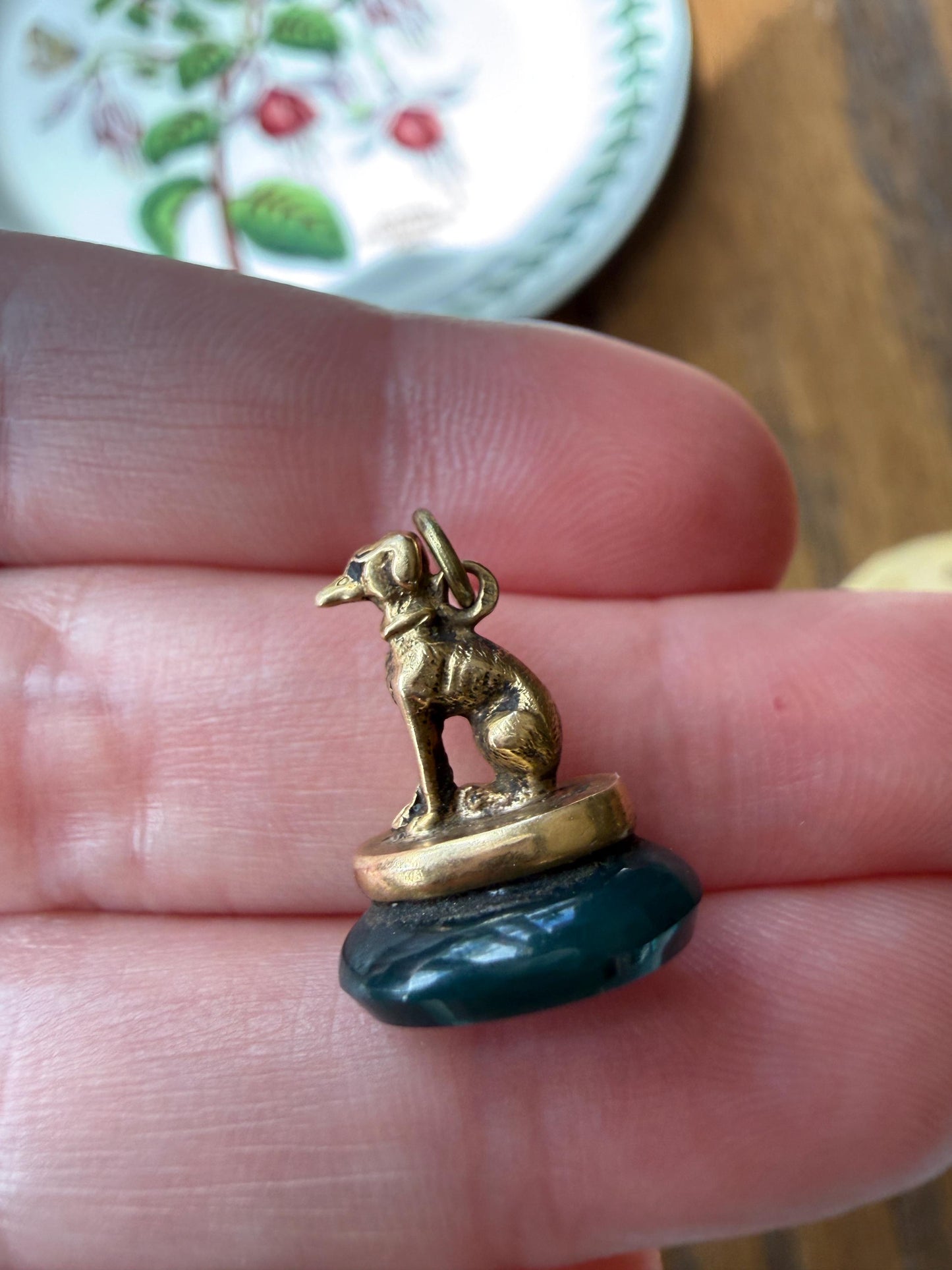 FRENCH ViCTORIAN Dog Watch Fob Pendant 18k Gold Green Bloodstone Intaglio Wax Seal Figural Antique Greyhound Loyalty