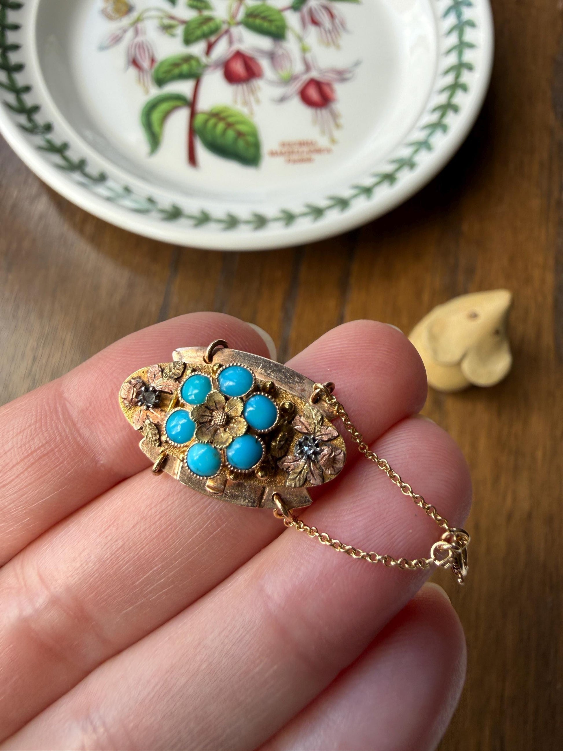 FORGET Me NOT Turquoise Antique 18k Tricolor GOLD Diamond Floral Clasp Pendant Salvaged Jewelry Finding Extender Connector Necklace Bracelet