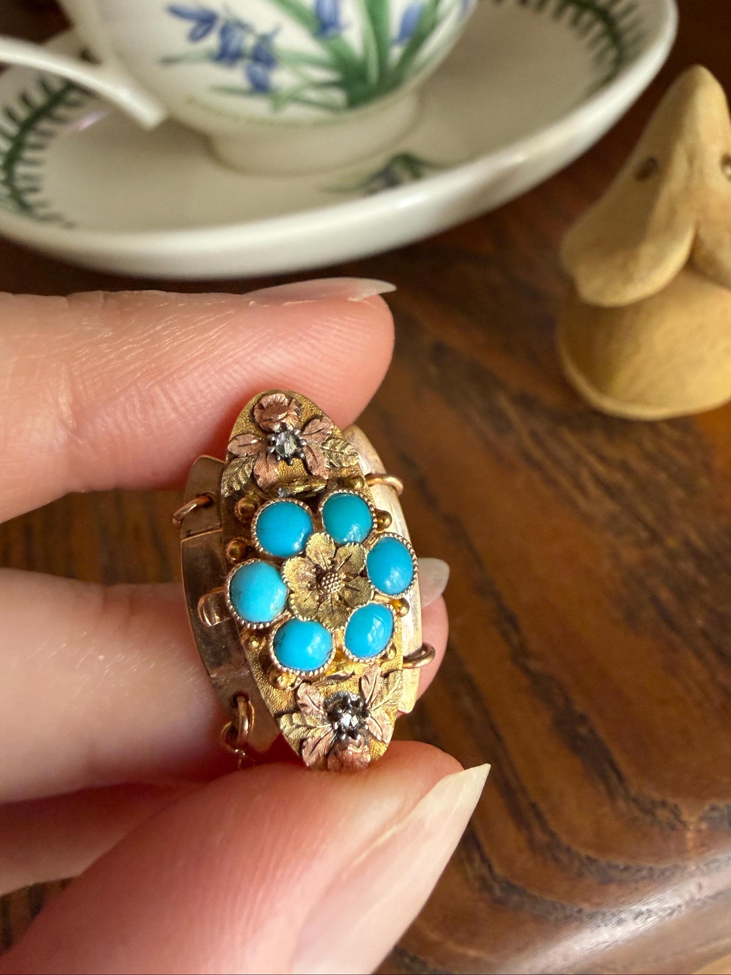 FORGET Me NOT Turquoise Antique 18k Tricolor GOLD Diamond Floral Clasp Pendant Salvaged Jewelry Finding Extender Connector Necklace Bracelet