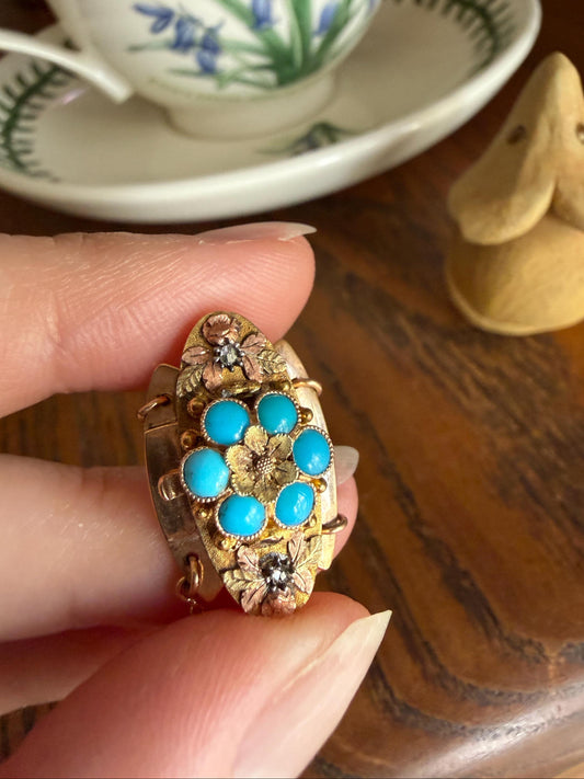 FORGET Me NOT Turquoise Antique 18k Tricolor GOLD Diamond Floral Clasp Pendant Salvaged Jewelry Finding Extender Connector Necklace Bracelet