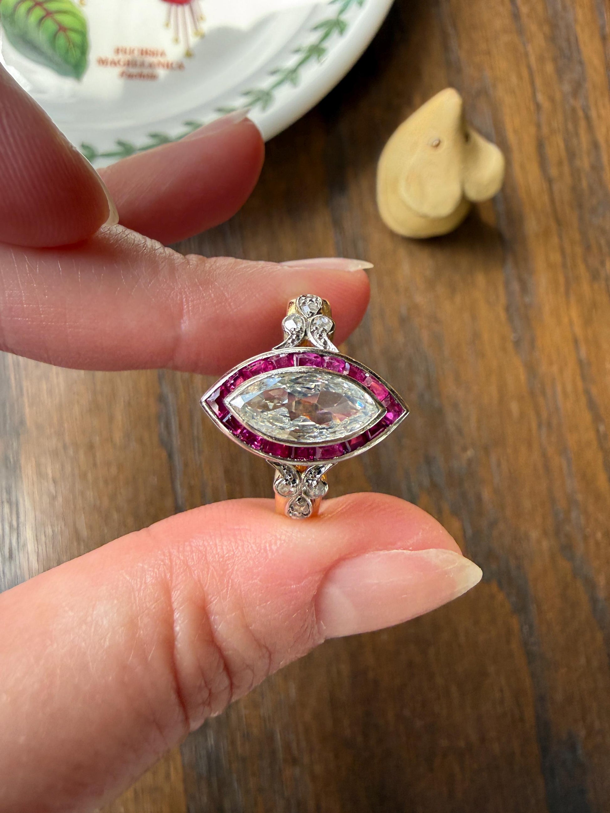 Vintage One Carat Old Cut MARQUISE Diamond Ruby HALO Navette French Art Deco Ring 18k Gold Platinum Belle Epoque Pink Rose Cut Accents