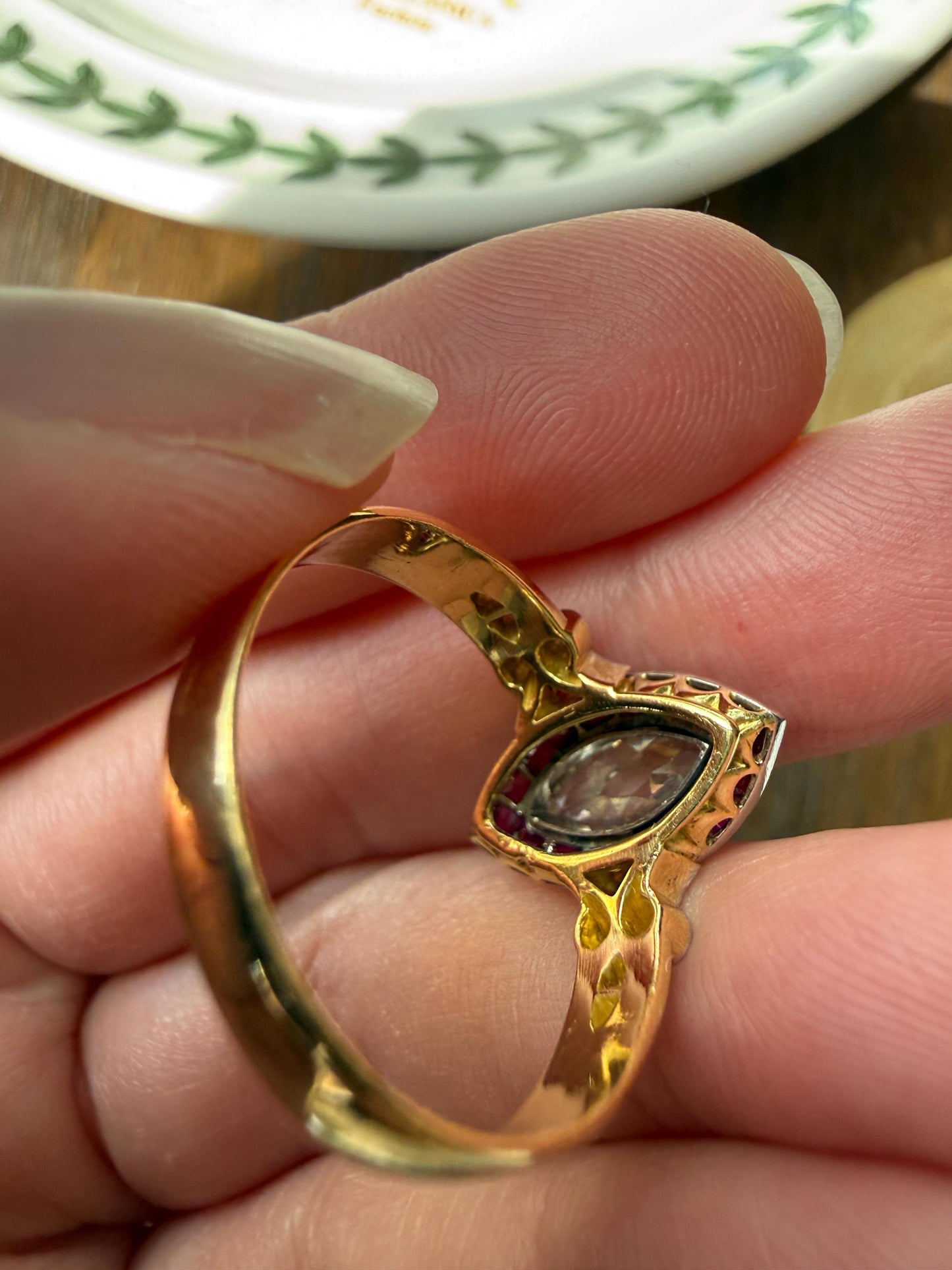 Vintage One Carat Old Cut MARQUISE Diamond Ruby HALO Navette French Art Deco Ring 18k Gold Platinum Belle Epoque Pink Rose Cut Accents