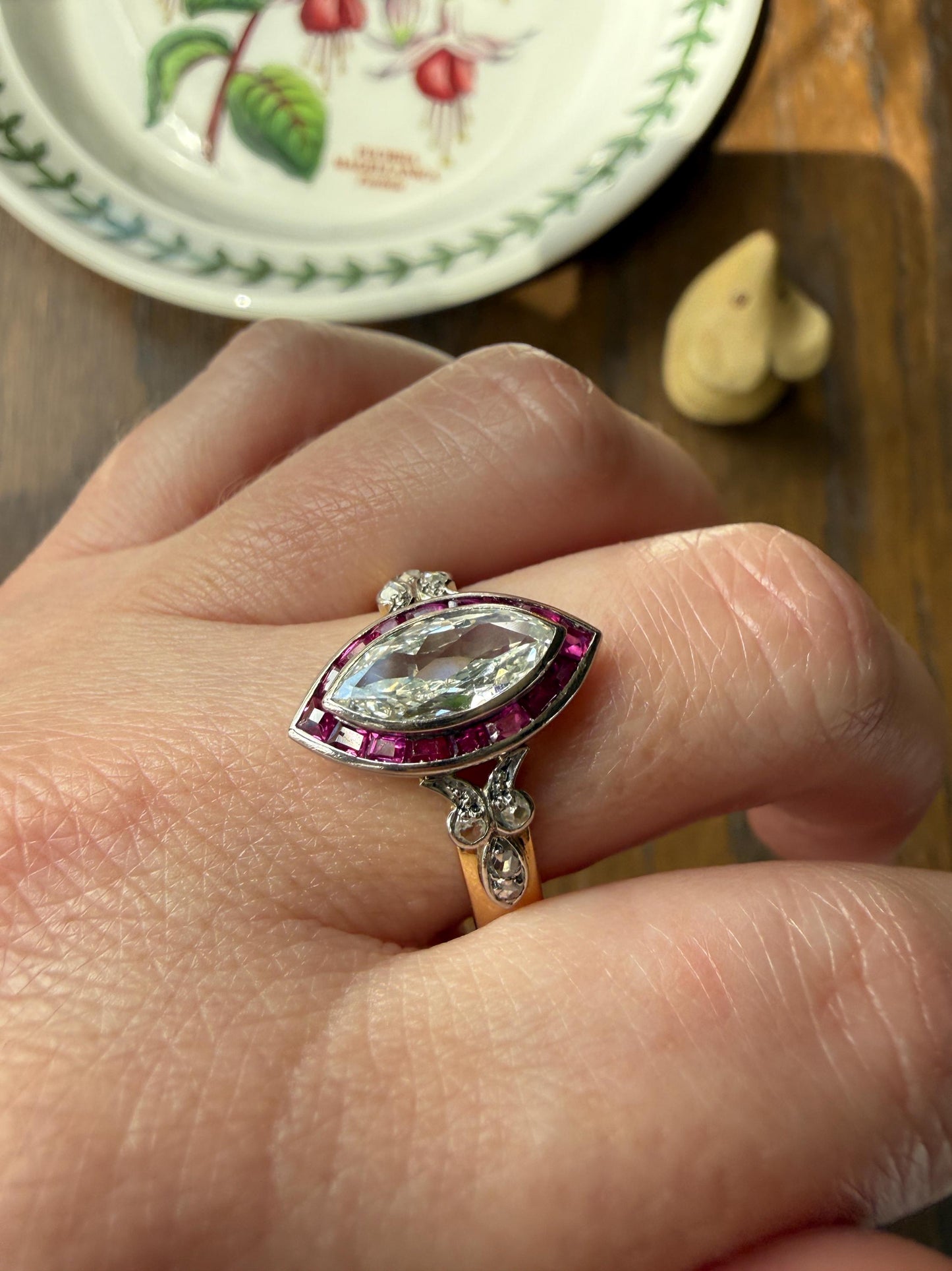 Vintage One Carat Old Cut MARQUISE Diamond Ruby HALO Navette French Art Deco Ring 18k Gold Platinum Belle Epoque Pink Rose Cut Accents