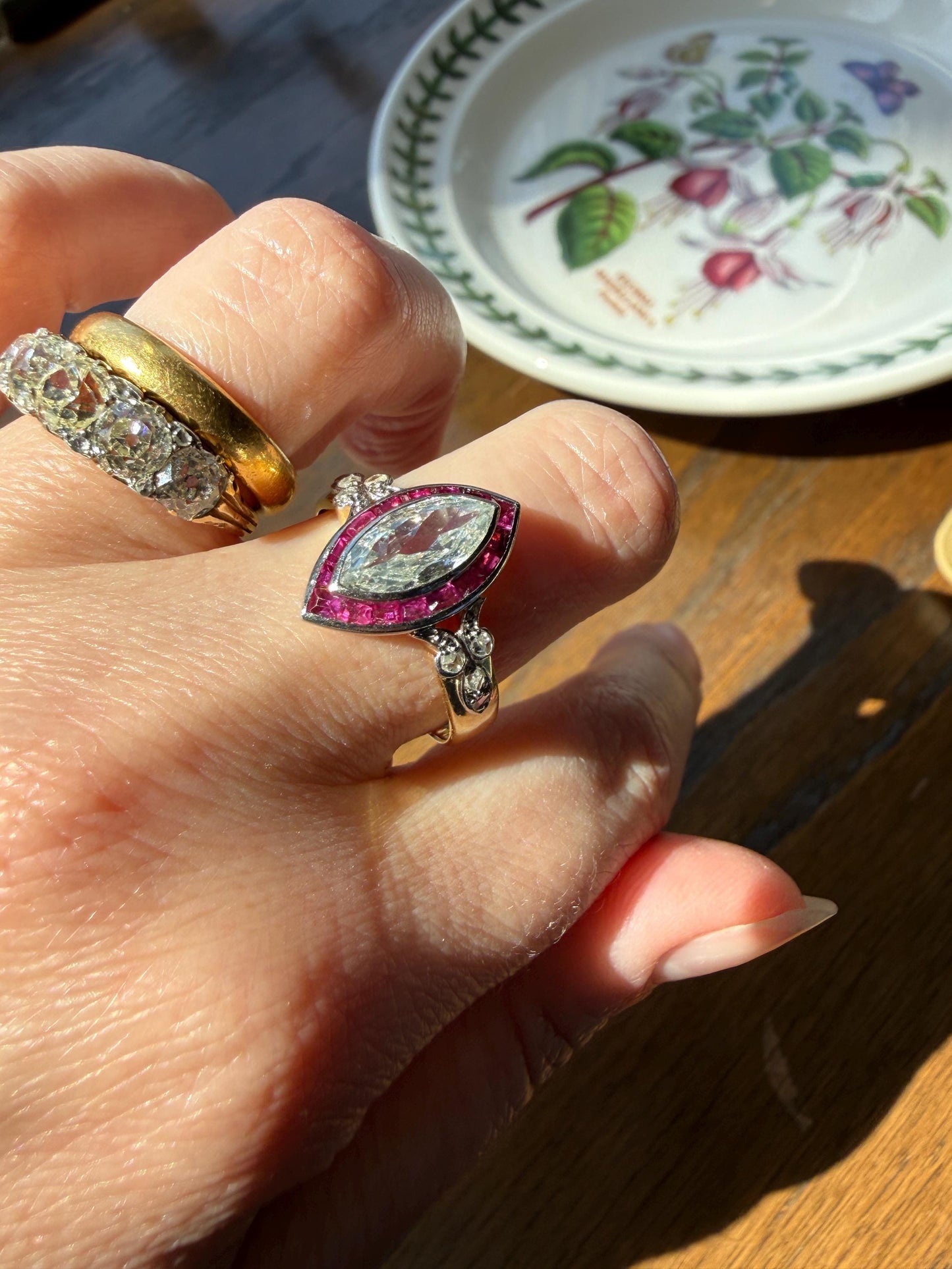 Vintage One Carat Old Cut MARQUISE Diamond Ruby HALO Navette French Art Deco Ring 18k Gold Platinum Belle Epoque Pink Rose Cut Accents
