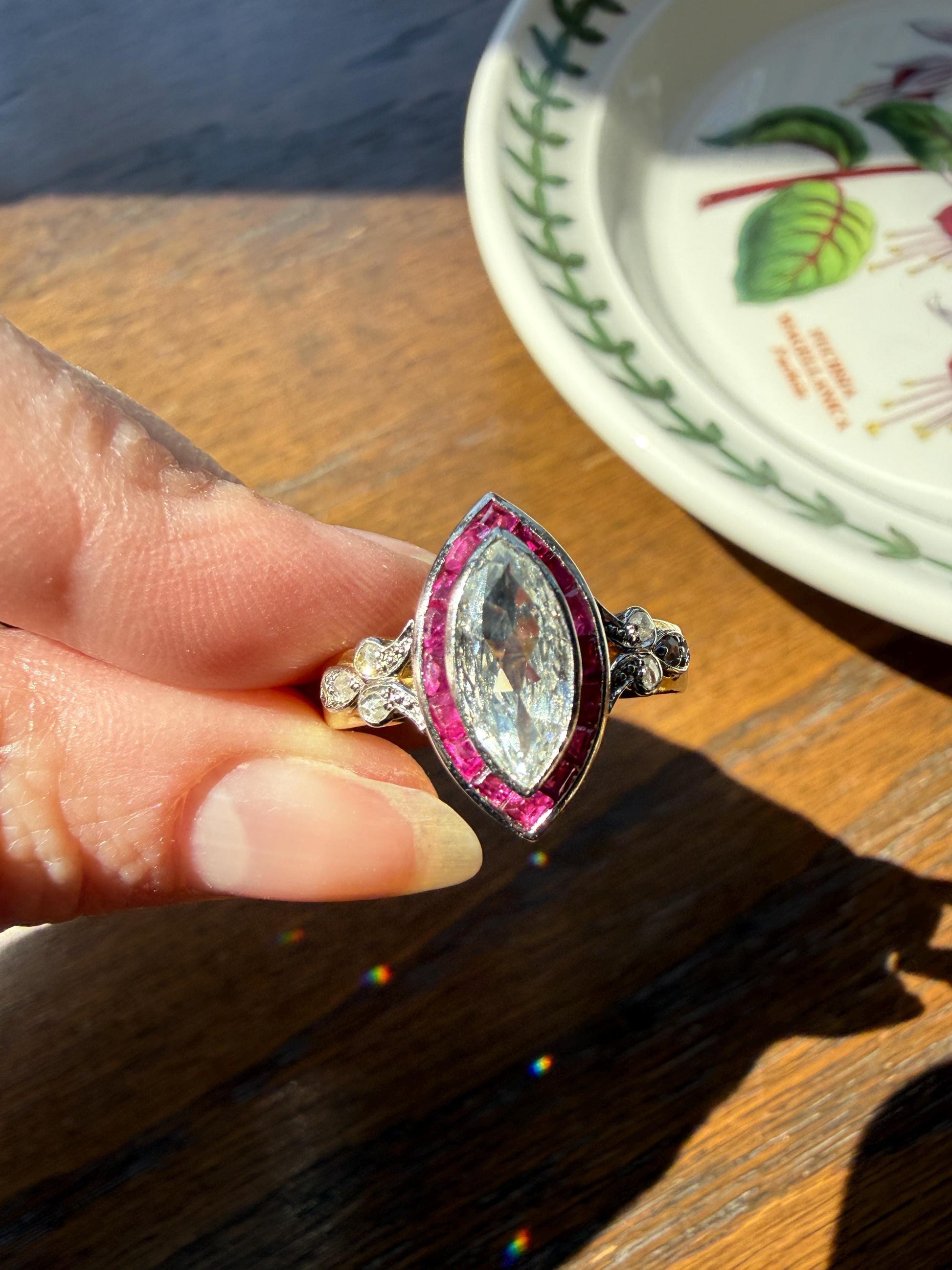 Vintage One Carat Old Cut MARQUISE Diamond Ruby HALO Navette French Art Deco Ring 18k Gold Platinum Belle Epoque Pink Rose Cut Accents