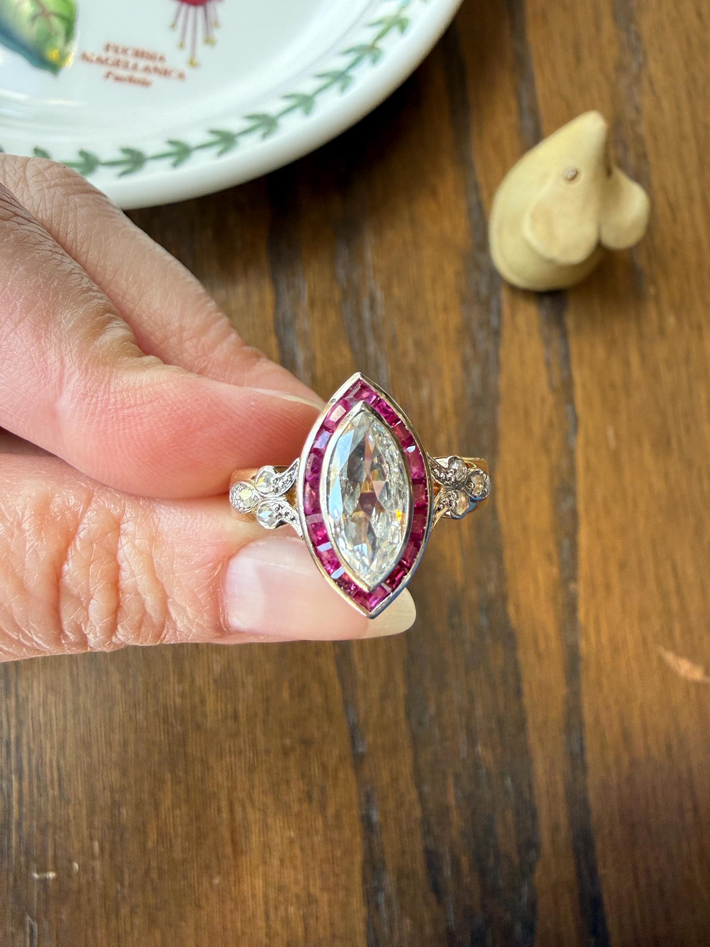 Vintage One Carat Old Cut MARQUISE Diamond Ruby HALO Navette French Art Deco Ring 18k Gold Platinum Belle Epoque Pink Rose Cut Accents