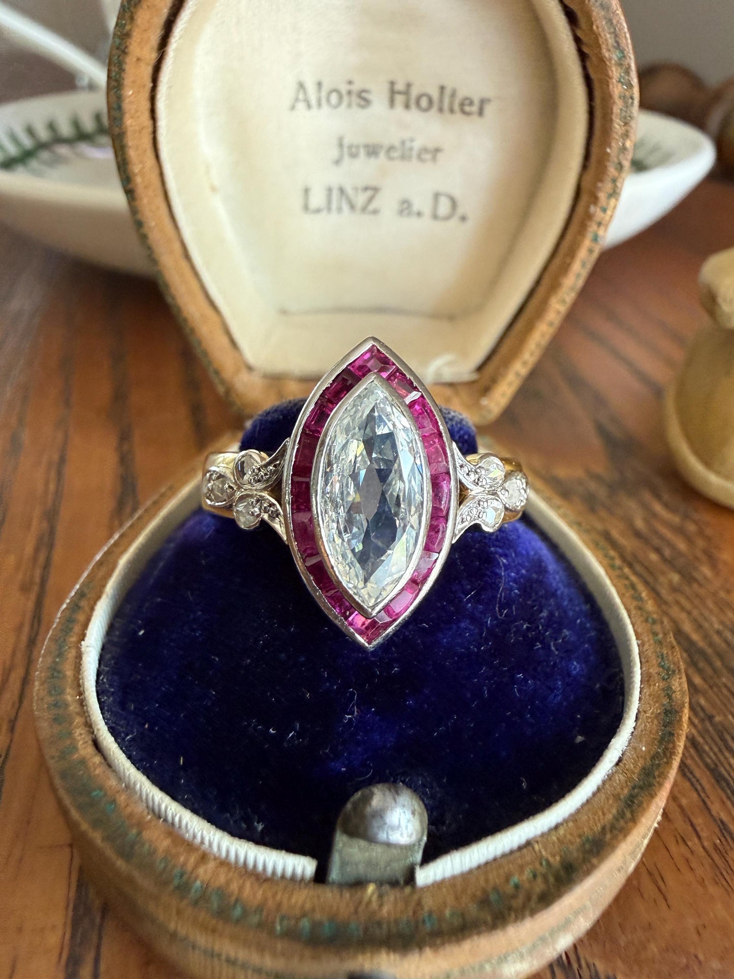 Vintage One Carat Old Cut MARQUISE Diamond Ruby HALO Navette French Art Deco Ring 18k Gold Platinum Belle Epoque Pink Rose Cut Accents
