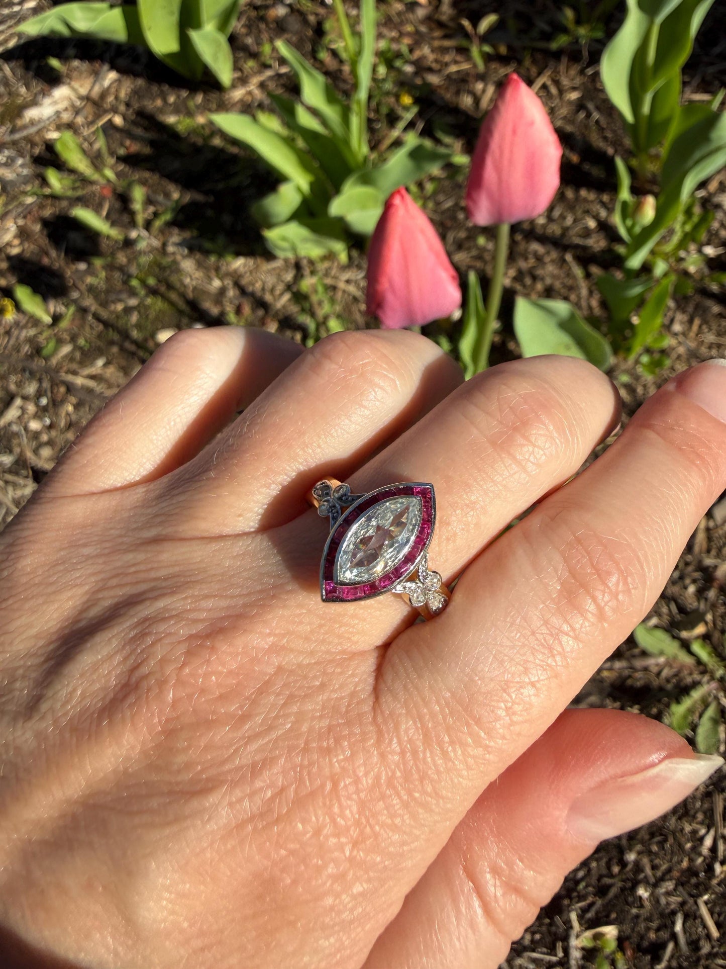 Vintage One Carat Old Cut MARQUISE Diamond Ruby HALO Navette French Art Deco Ring 18k Gold Platinum Belle Epoque Pink Rose Cut Accents