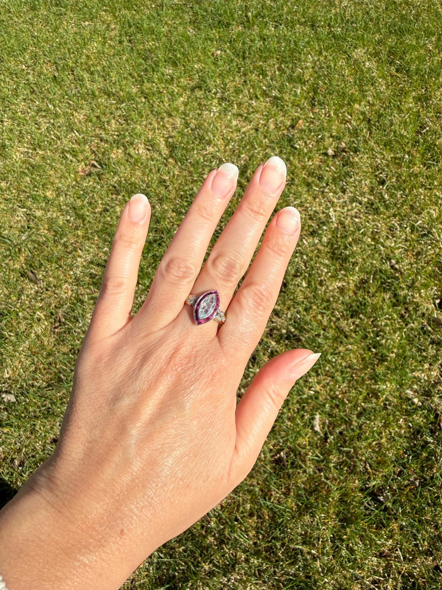 Vintage One Carat Old Cut MARQUISE Diamond Ruby HALO Navette French Art Deco Ring 18k Gold Platinum Belle Epoque Pink Rose Cut Accents