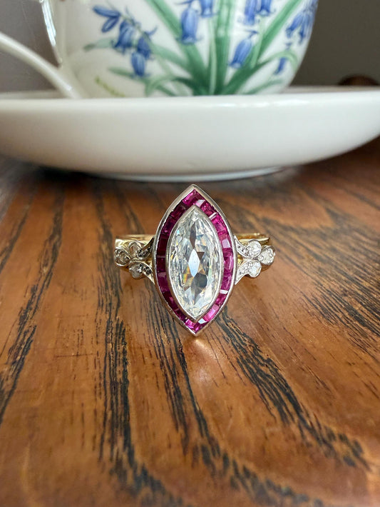 Vintage One Carat Old Cut MARQUISE Diamond Ruby HALO Navette French Art Deco Ring 18k Gold Platinum Belle Epoque Pink Rose Cut Accents