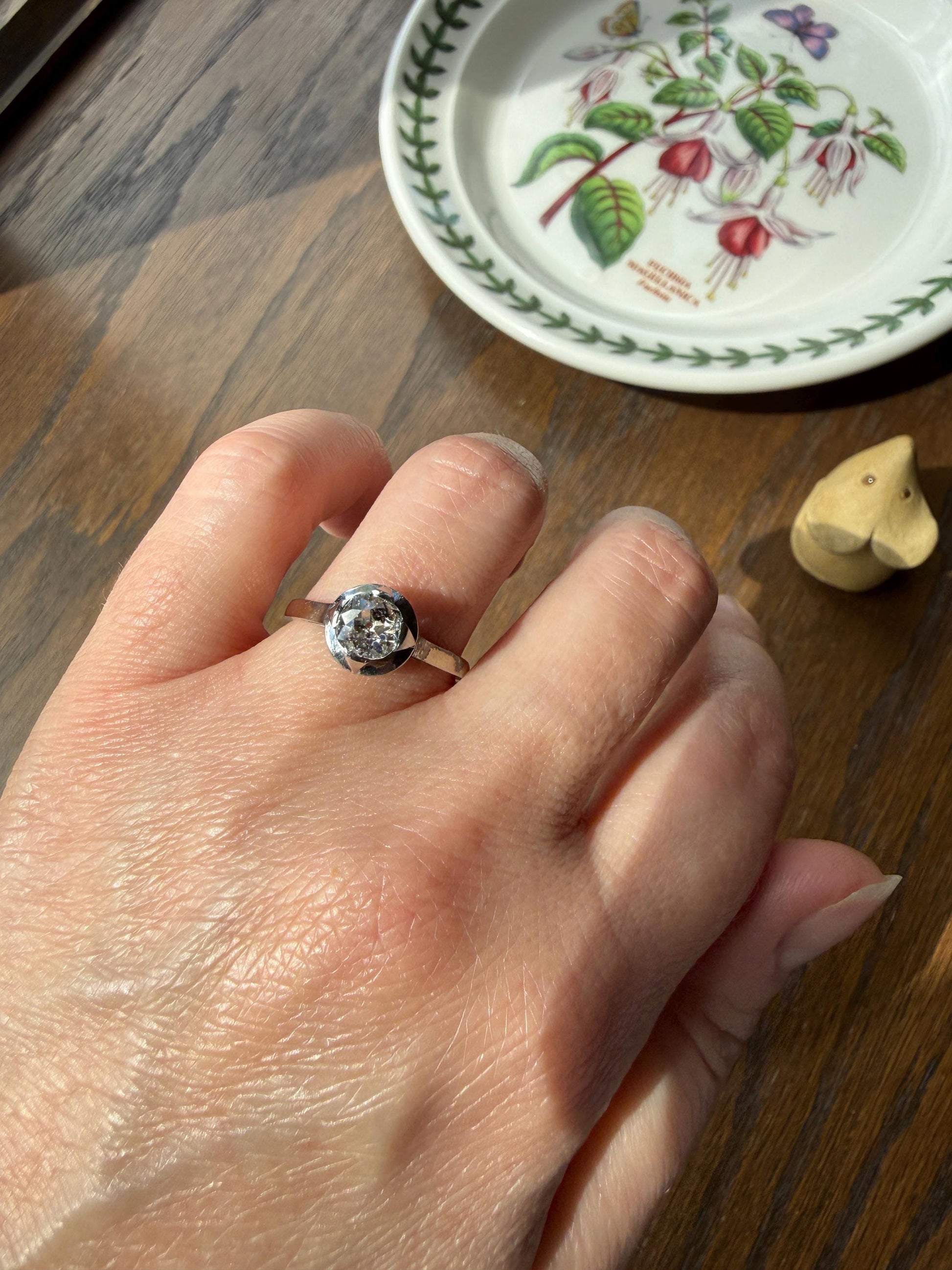 Antique 0.8 Carat Old Mine Cut DIAMOND Ring French 18k White Gold Platinum Halo Solitaire Stacker Band Engagement .8Ctw OMC