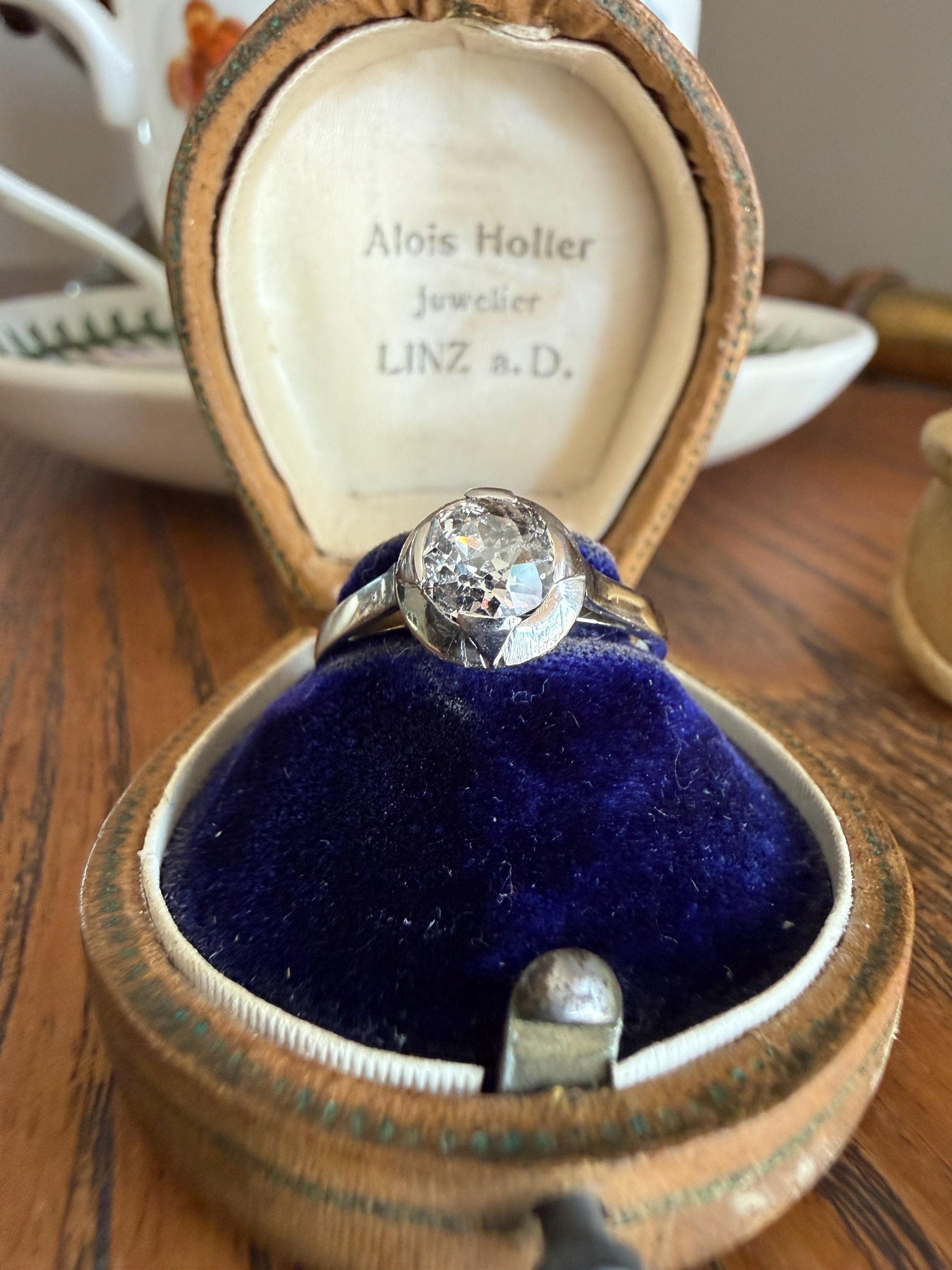 Antique 0.8 Carat Old Mine Cut DIAMOND Ring French 18k White Gold Platinum Halo Solitaire Stacker Band Engagement .8Ctw OMC