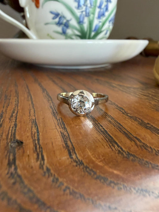 Antique 0.8 Carat Old Mine Cut DIAMOND Ring French 18k White Gold Platinum Halo Solitaire Stacker Band Engagement .8Ctw OMC