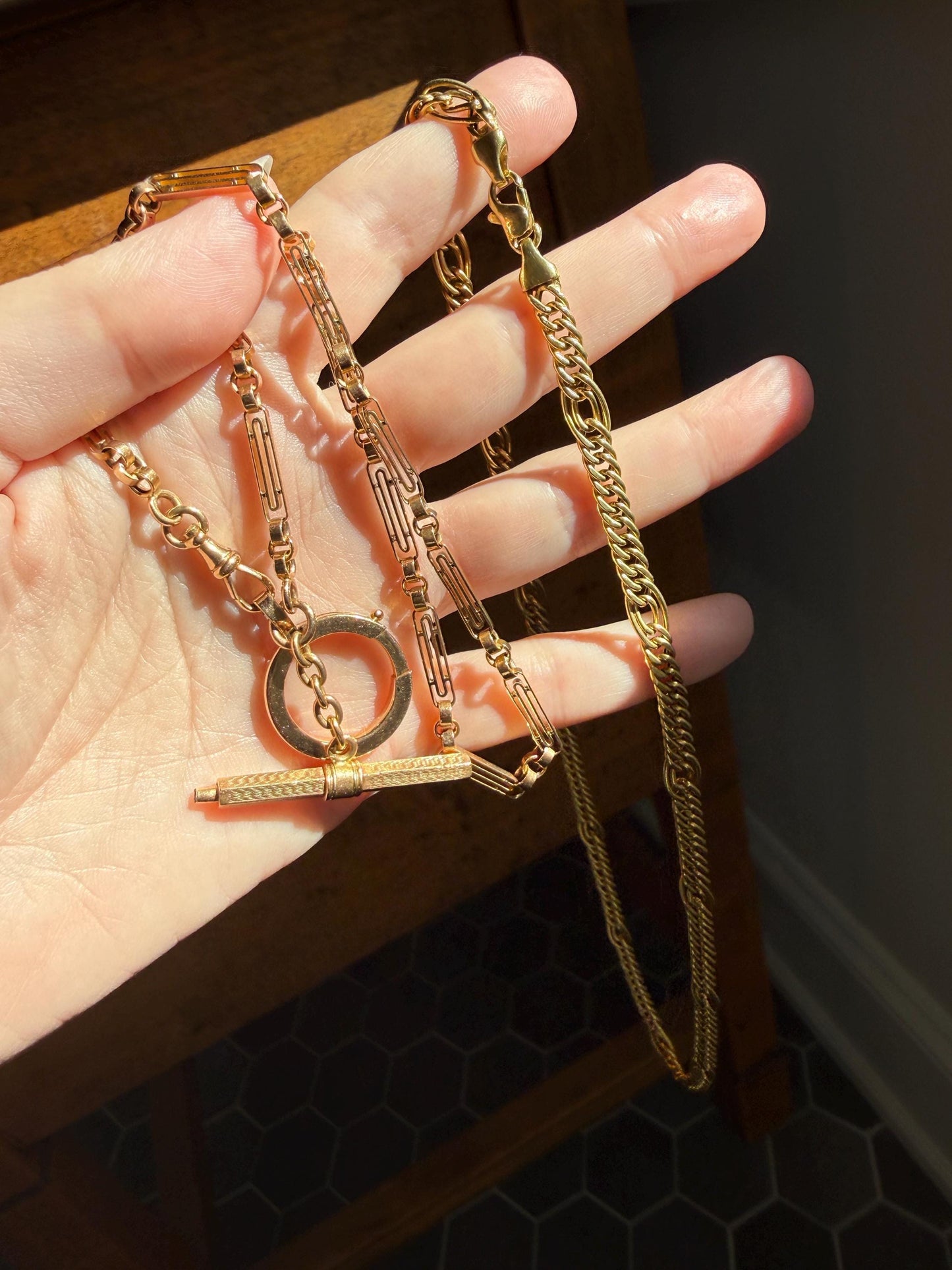 Heavy French Vintage Albert Watch Chain 20g 18k GOLD Solid Chunky Chain Necklace Oval Links XL Spring Ring T Bar Short Choker Extender