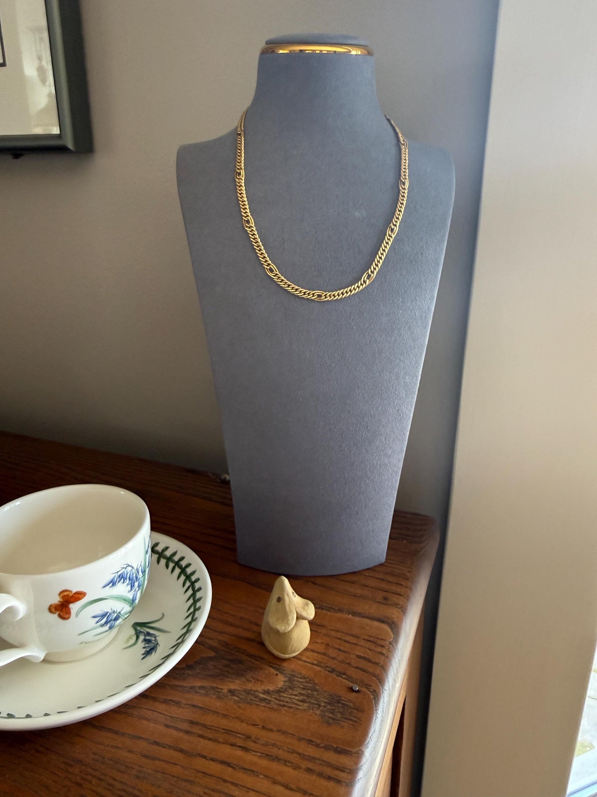 Oval Loop Vintage 12.9g 18k GOLD Solid Chunky Chain Necklace Alternating Curb Braid Links 17.75" Collar 5.8mm Wide Layering