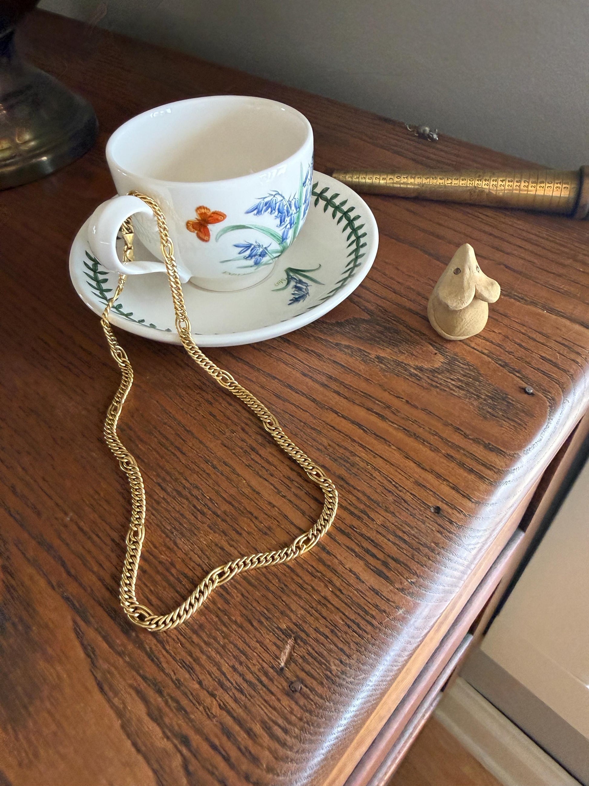 Oval Loop Vintage 12.9g 18k GOLD Solid Chunky Chain Necklace Alternating Curb Braid Links 17.75" Collar 5.8mm Wide Layering