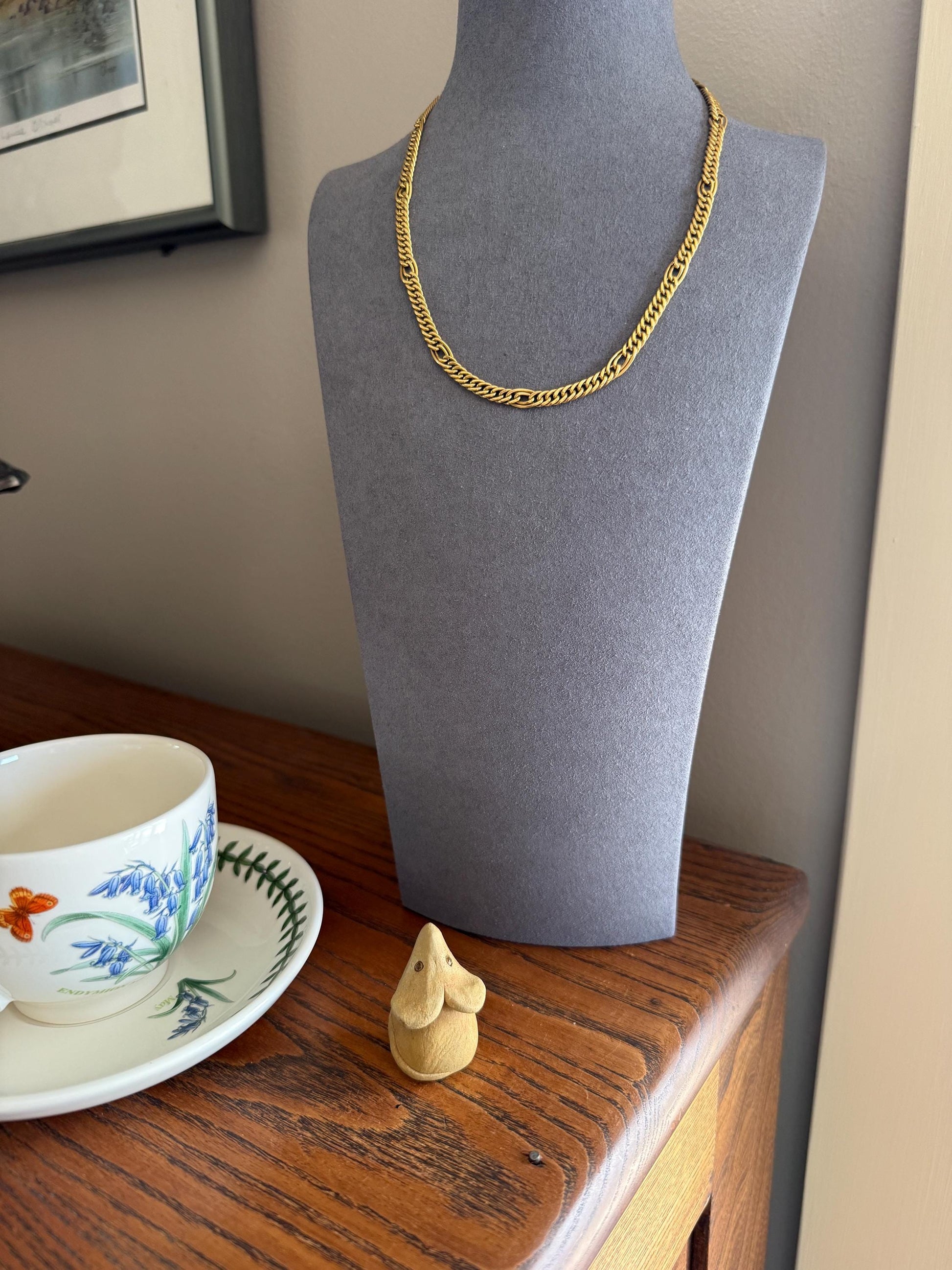 Oval Loop Vintage 12.9g 18k GOLD Solid Chunky Chain Necklace Alternating Curb Braid Links 17.75" Collar 5.8mm Wide Layering